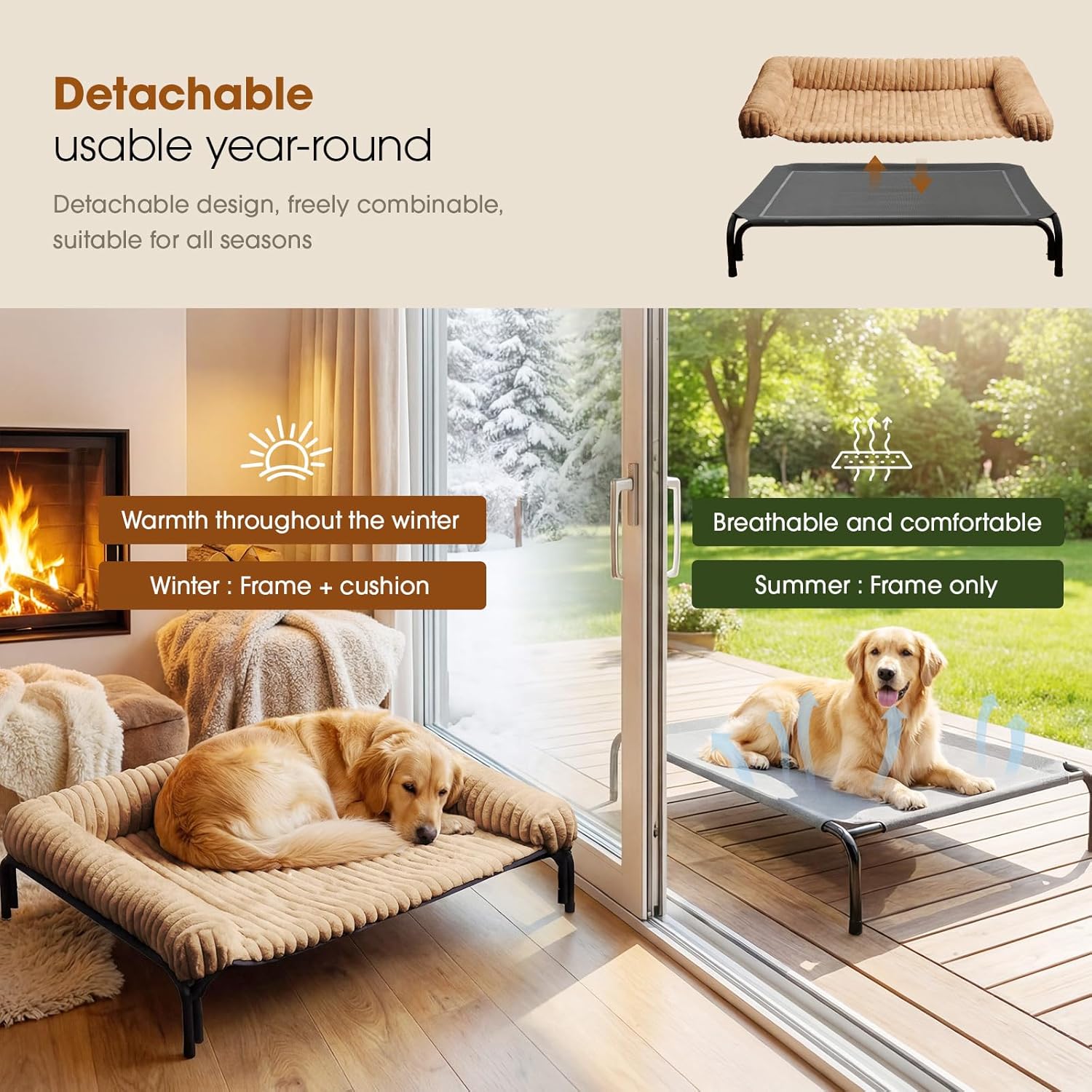Czpalo Elevated Dog Bed with Removable Bolster Cushion Mat, Raised Pet Cot for Medium Sized Dog with Breathable & Washable Mesh, Indoor & Outdoor Pet Hammock with Skid-Resistant Feet.