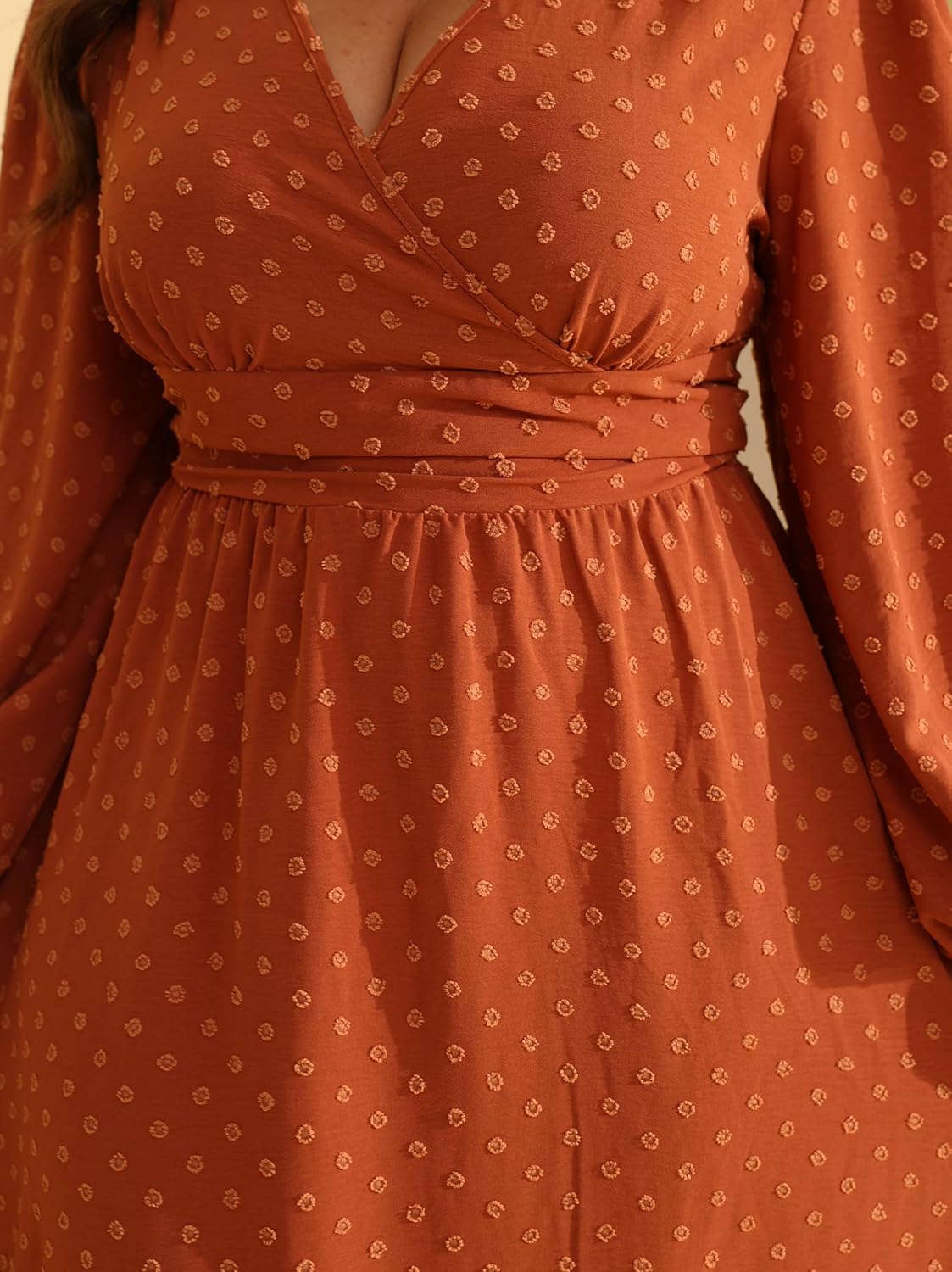 RWJ Women's Plus Size Fall Wedding Guest Dress Wrap V Neck Swiss Dot Lantern Long Sleeve Swing Boho Casual Dresses - Image 2