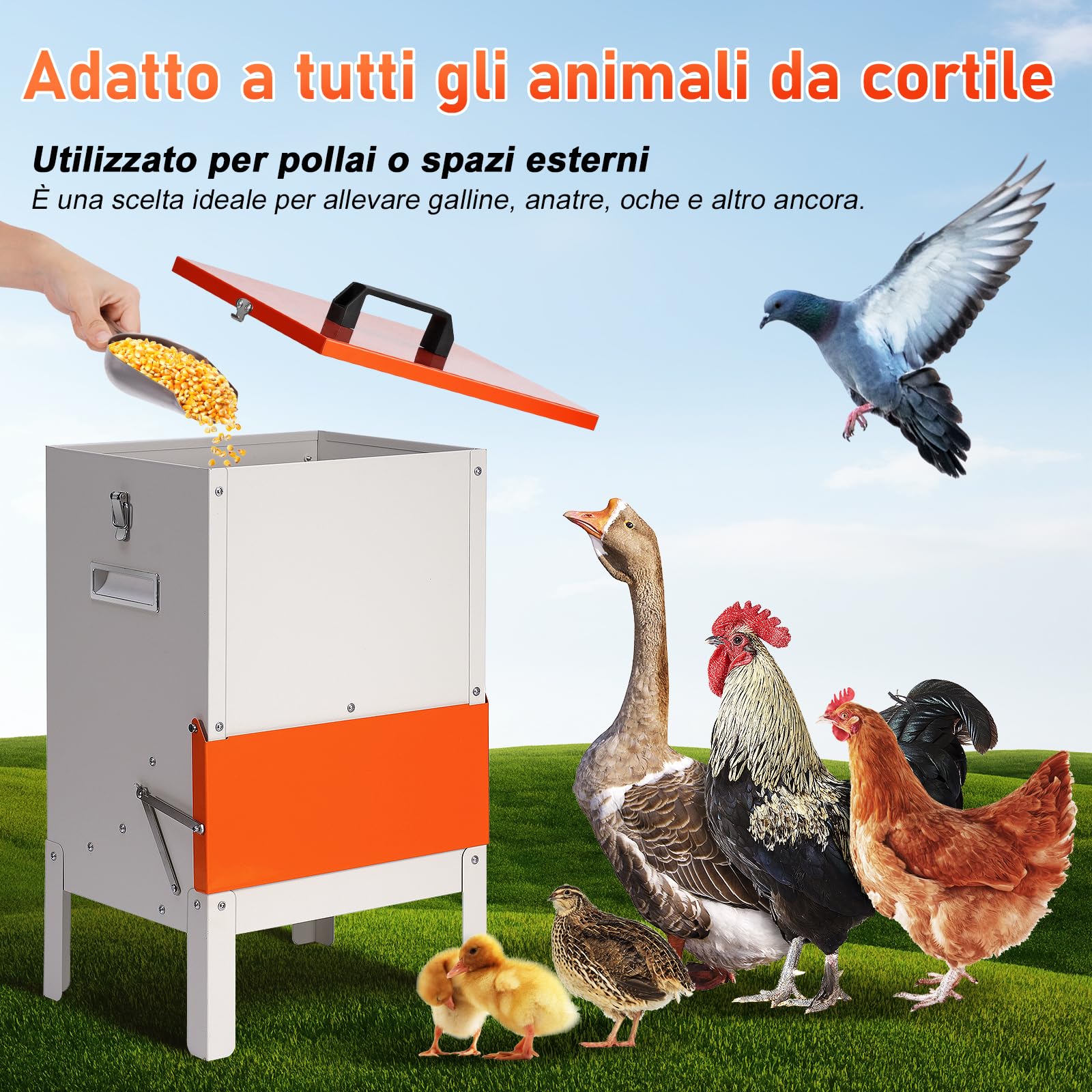 Mangeoire Automatique pour Poules avec Pieds Surélevés, Distributeur de Nourriture en Métal de 15KG, Installation Suspendue Possible, Solide et Durable