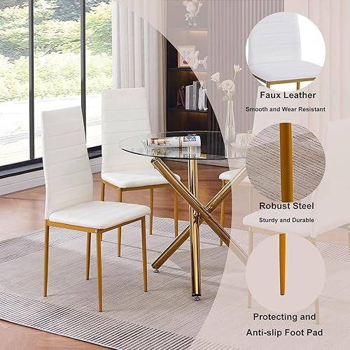 Miniatura 4 de 5PCS Glass Round Dining Table Set for 4 Compact Kitchen with Chairs Gold Modern Dinner Table & 4 PU Leather Chairs for Home KitchenLiving Room and