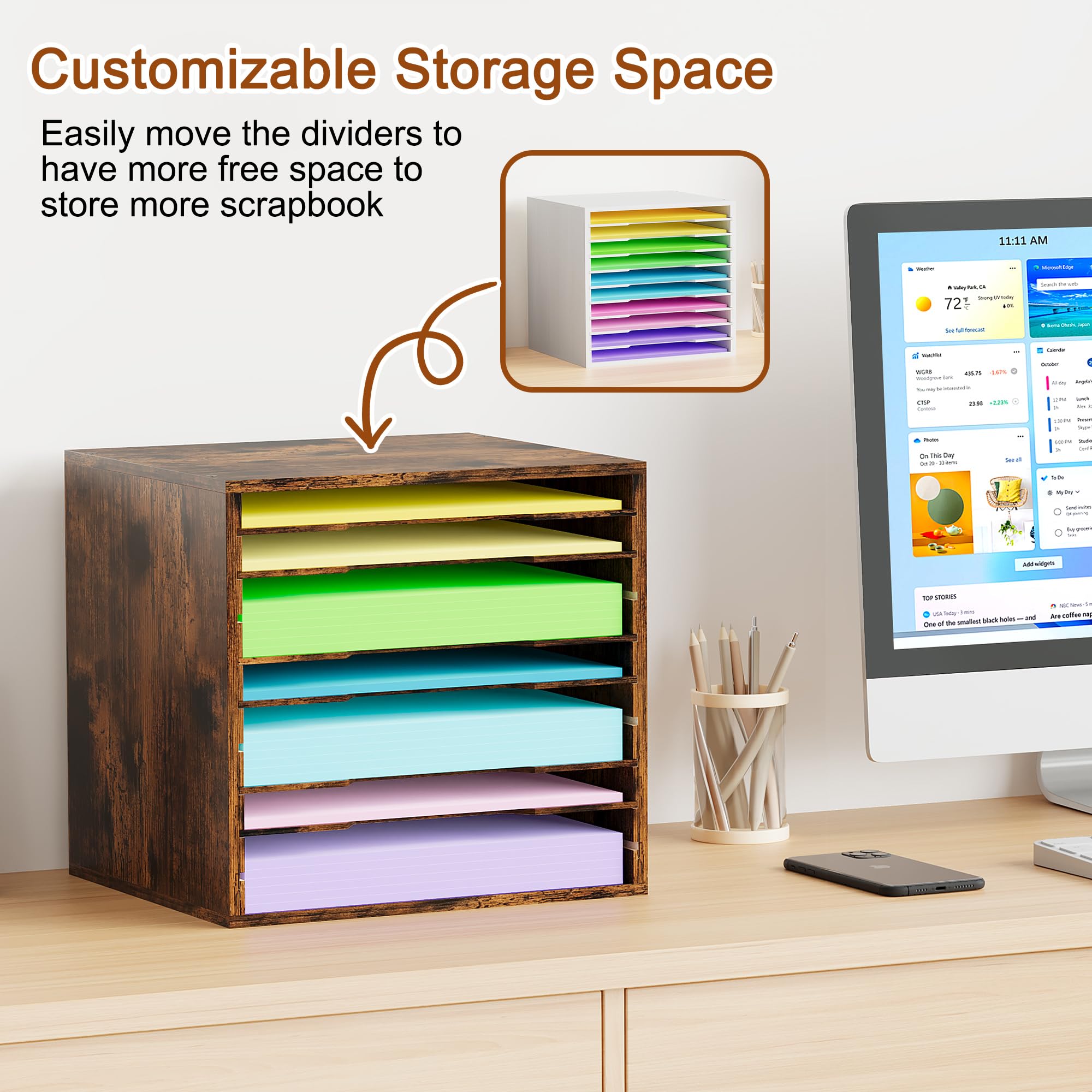 EasyPAG Organizador de almacenamiento de papel para álbumes de recortes para sala de manualidades, estante de escritorio de almacenamiento de papel de 12 x 12, clasificador de archivos ajustable de 10