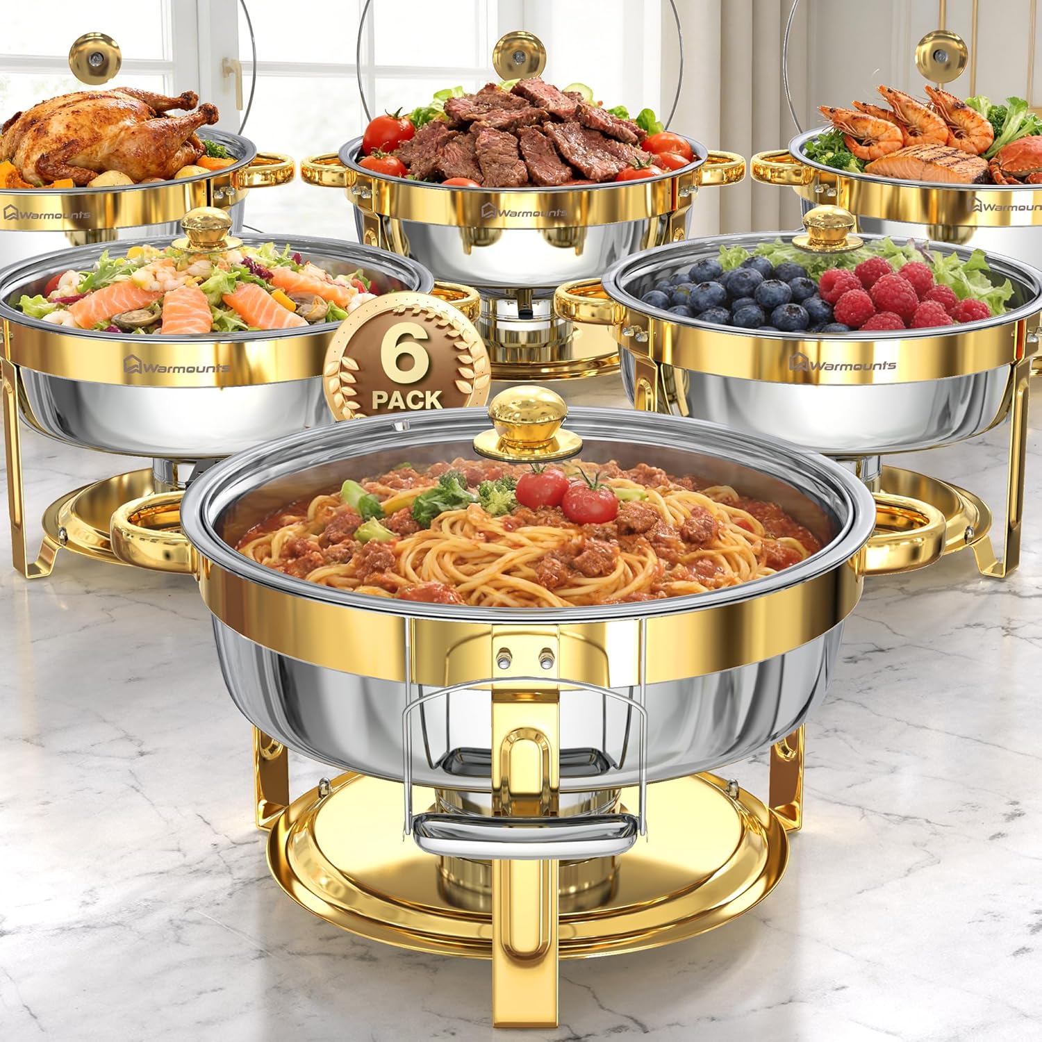 WARMOUNTS 6.5QT Gold Chafing Dishes for Buffet 6 Pack, Stainless Steel Round Chafers and Buffet Warmers Sets with Glass Lid & Lid Holder, Stackable Design, for Catering Events, Parties, Weddings