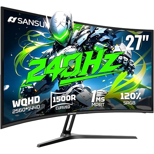 SANSUI 27 Inch Curved 240Hz Gaming Monitor, 2K WQHD 1500R Curved Computer Monitor, 120% sRGB, MPRT 1ms, Freesync, HDR, VESA(100 * 100mm),HDMI*2, DP1.4 * 2(DP Cable Included)