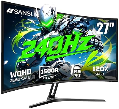 SANSUI 27 Inch Curved 240Hz Gaming Monitor, 2K WQHD 1500R Curved Computer Monitor, 120% sRGB, MPRT 1ms, Freesync, HDR, VESA(100 * 100mm),HDMI*2, DP1.4 * 2(DP Cable Included)