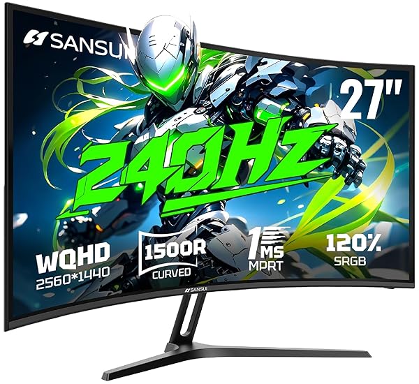 SANSUI 27 Inch Curved 240Hz Gaming Monitor, 2K WQHD 1500R Curved Computer Monitor, 120% sRGB, MPRT 1ms, Freesync, HDR, VESA(100 * 100mm),HDMI*2, DP1.4 * 2(DP Cable Included)