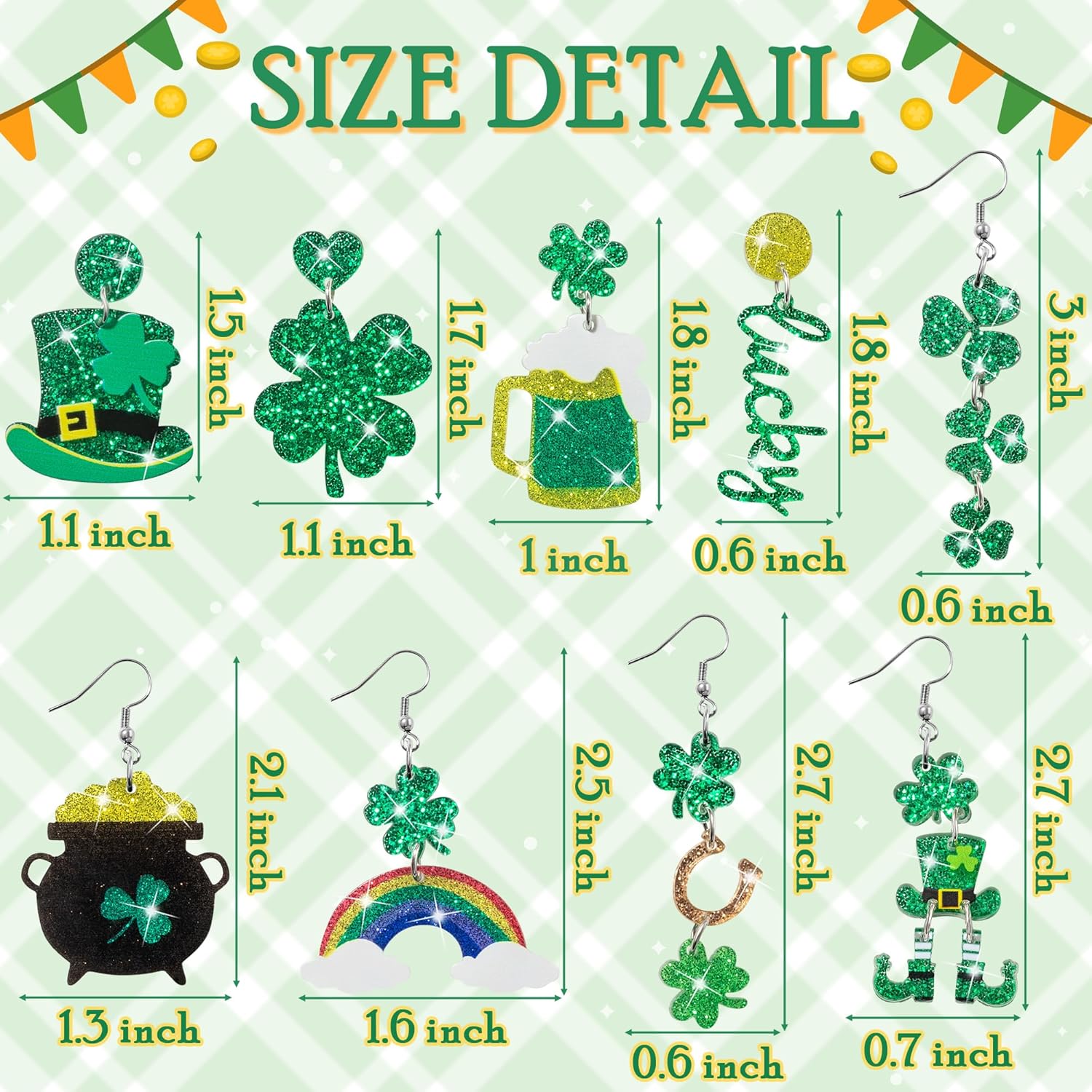 Y1tvei St. Patrick's Day Earring - Irish Shamrock Lucky Sparkly Glitter Acrylic Drop Earring Cute St Patrick's Accessory Gift