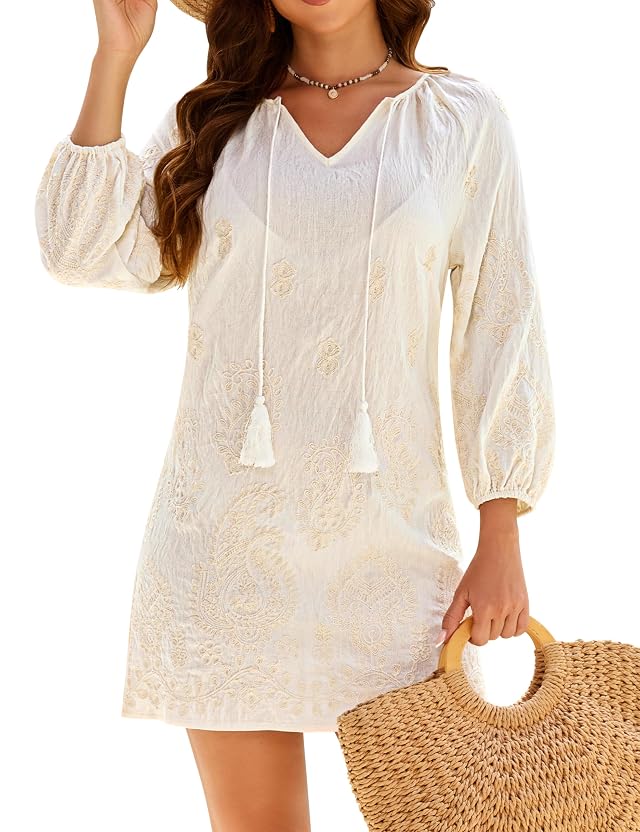 Blooming Jelly Women Swimsuit Coverup Beach Bathing Suit Cover Up Embroidery Paisley Dress Boho Vacation Outfits