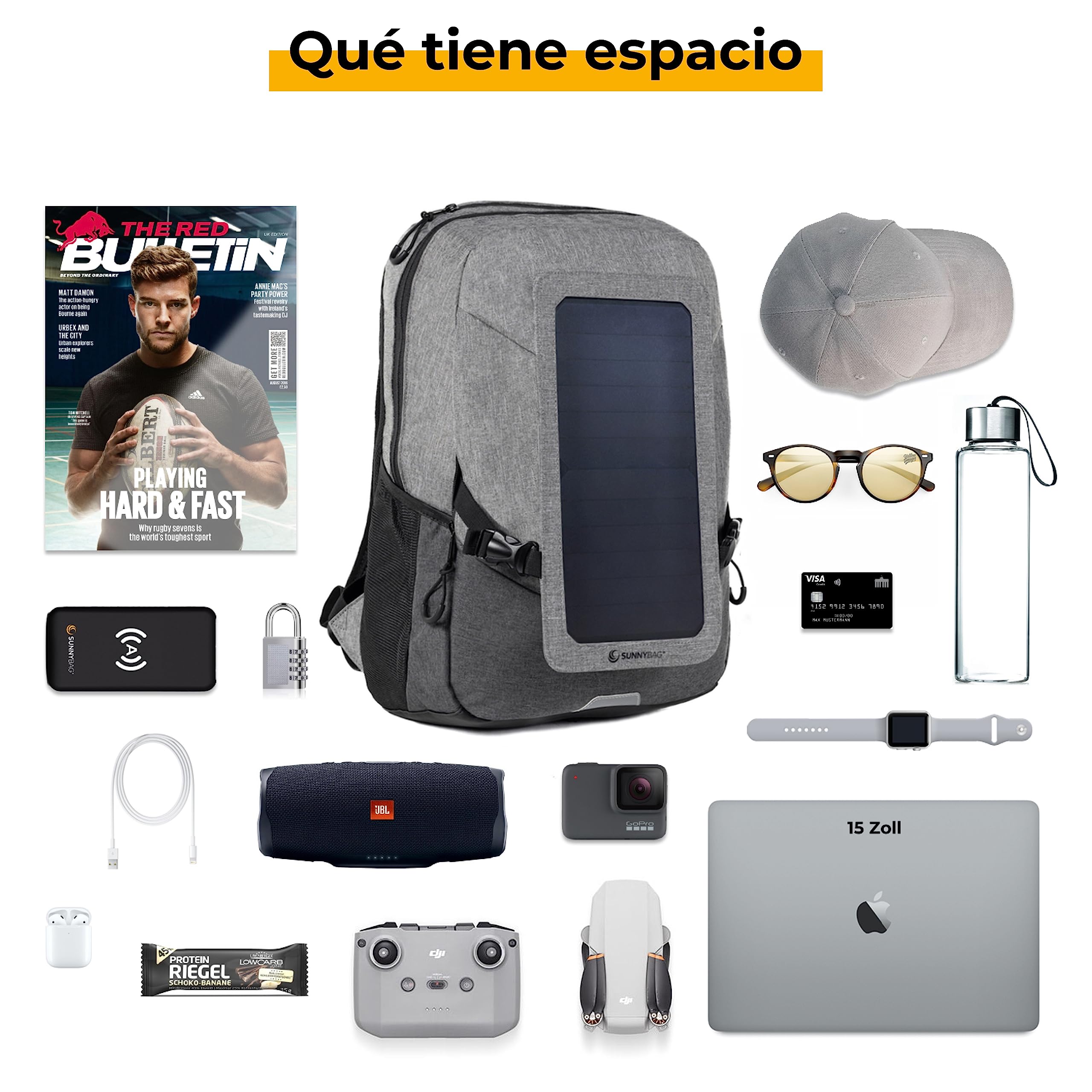 Sunnybag Explorer+ Mochila Solar con Panel Solar Desmontable de 6 vatios | con Puerto USB para Cargar móviles y Dispositivos USB | Incluye Compartimento para portátil | Repelente al Agua | 15 litros