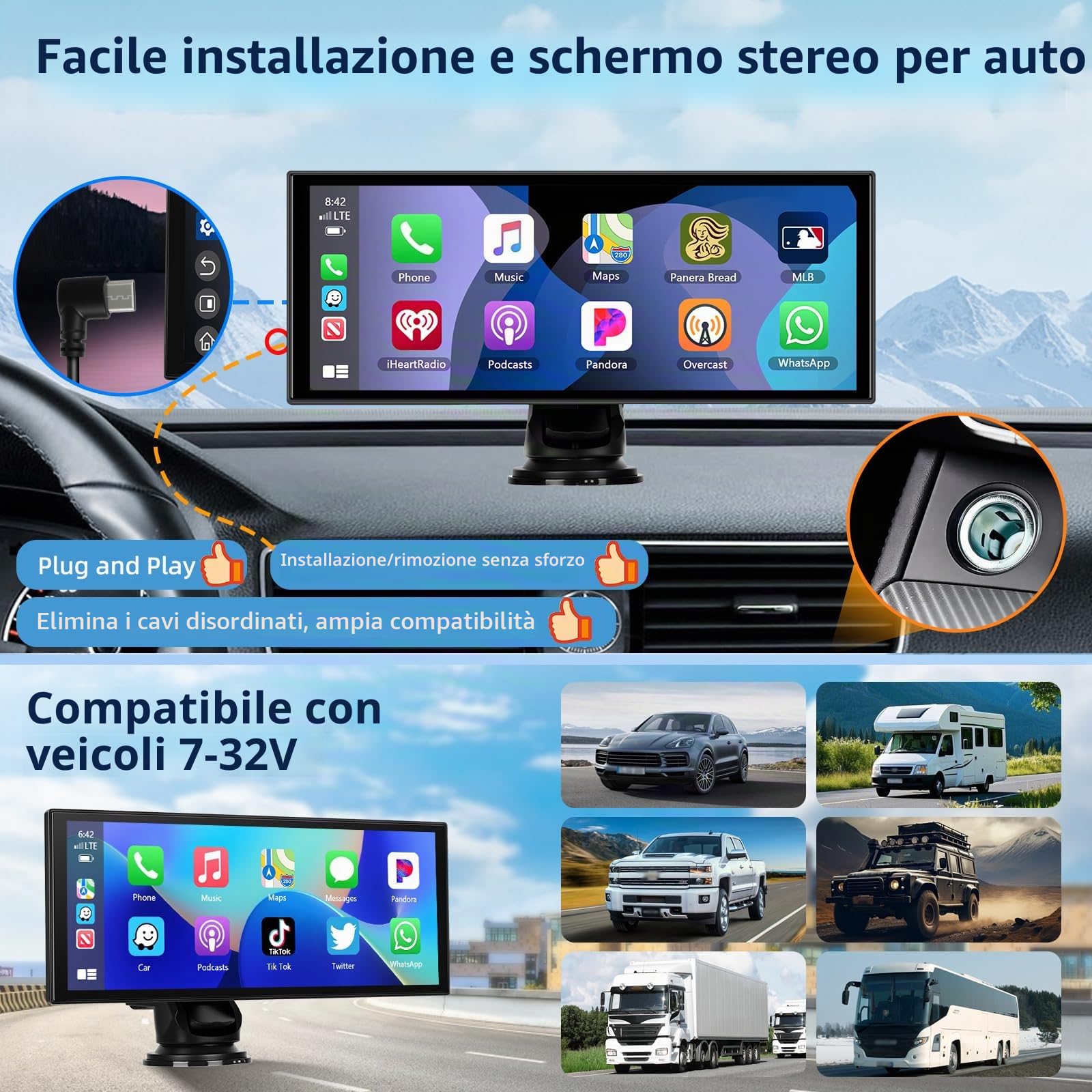 2GB+32GB Carplay Auto Android Wireless, 10,25 Pollici Car Play Schermo per auto, con Bluetooth, GPS Navigazione, Mirror Link, Controllo Vocale, AUX, Trasmettitore FM, Y0uTube/Sp0tify, 7-32V
