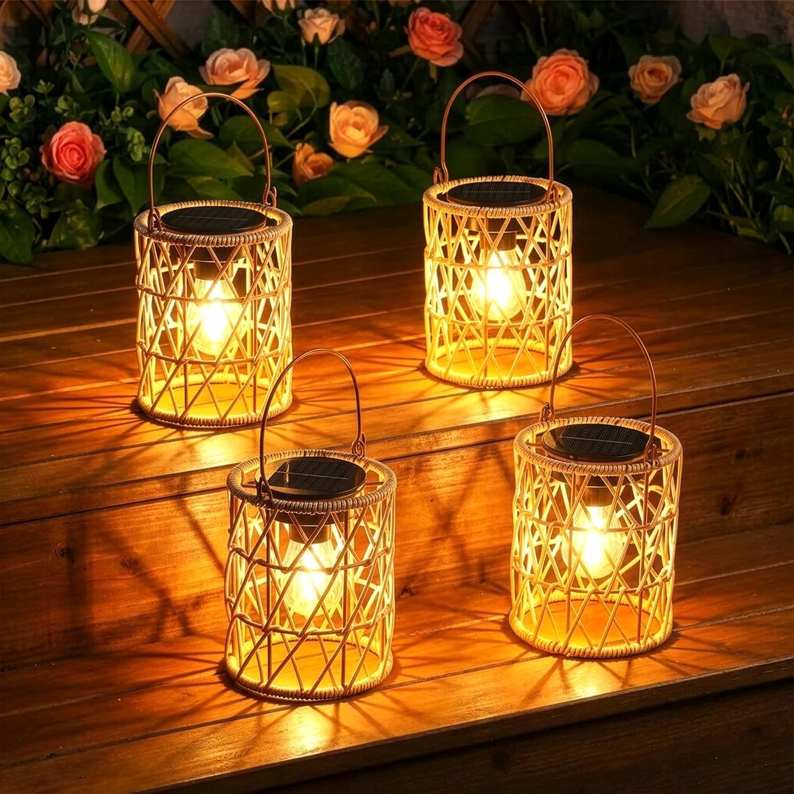 Photo 1 of KOOPER Solar Lantern Outdoor Lights, 4 Pack Bright Hanging Solar Lanterns Outdoor Waterproof with Handle, Decoration Rattan Lanterns for Outside Hanging Garden Patio Yard Porch Trees Lawn Pathway Gift