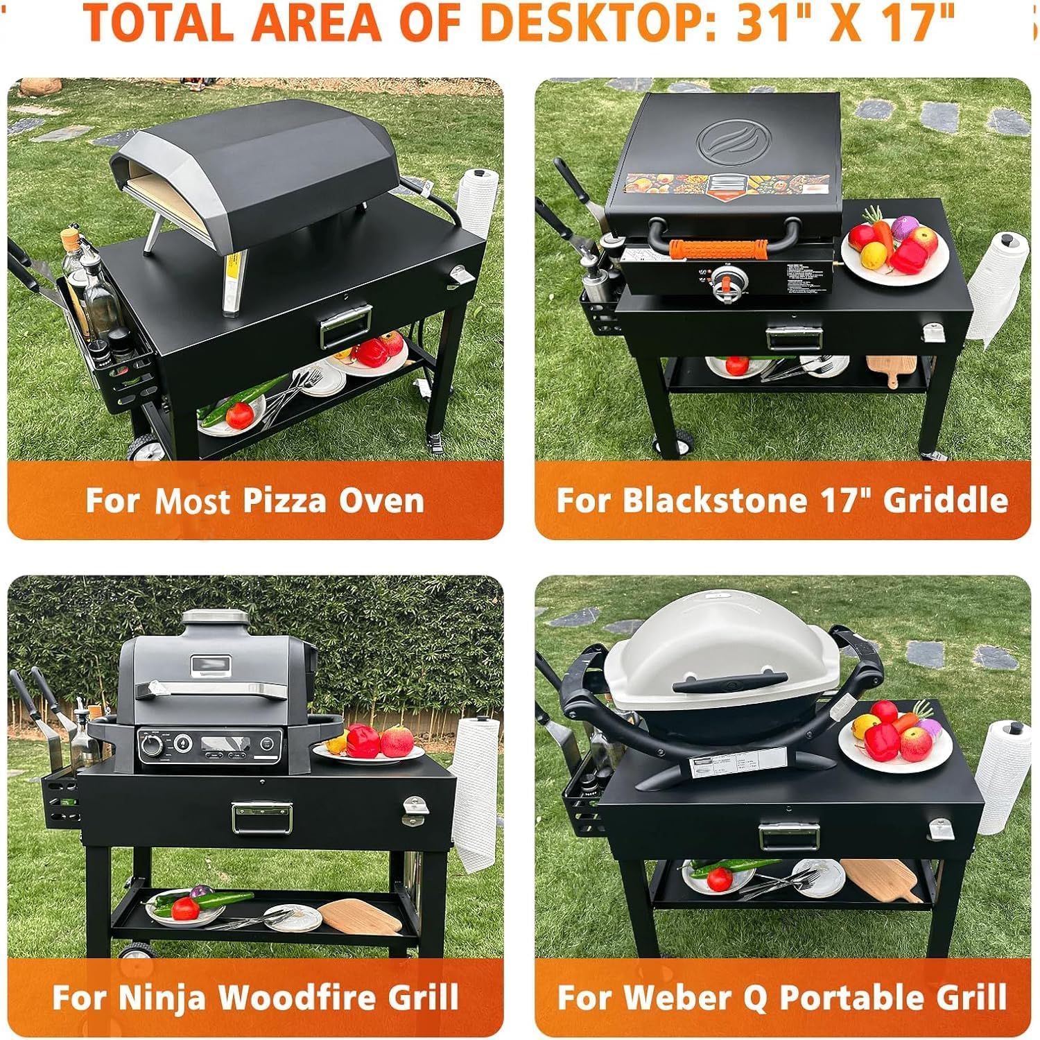 Grill Table for Ninja, Universal Foldable Grill Cart for Blackstone, Weber, Ooni Pizza Oven, Portable Outdoor Grill Stand, Adjustable Height, with Caddy, Paper Towel Holder, 4 Wheels