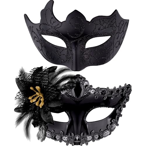 SIQUK Couple Masquerade Masks Set Venetian Party Mask Plastic Halloween Costume Mask Mardi Gras Mask for Women and Men - Flower Black
