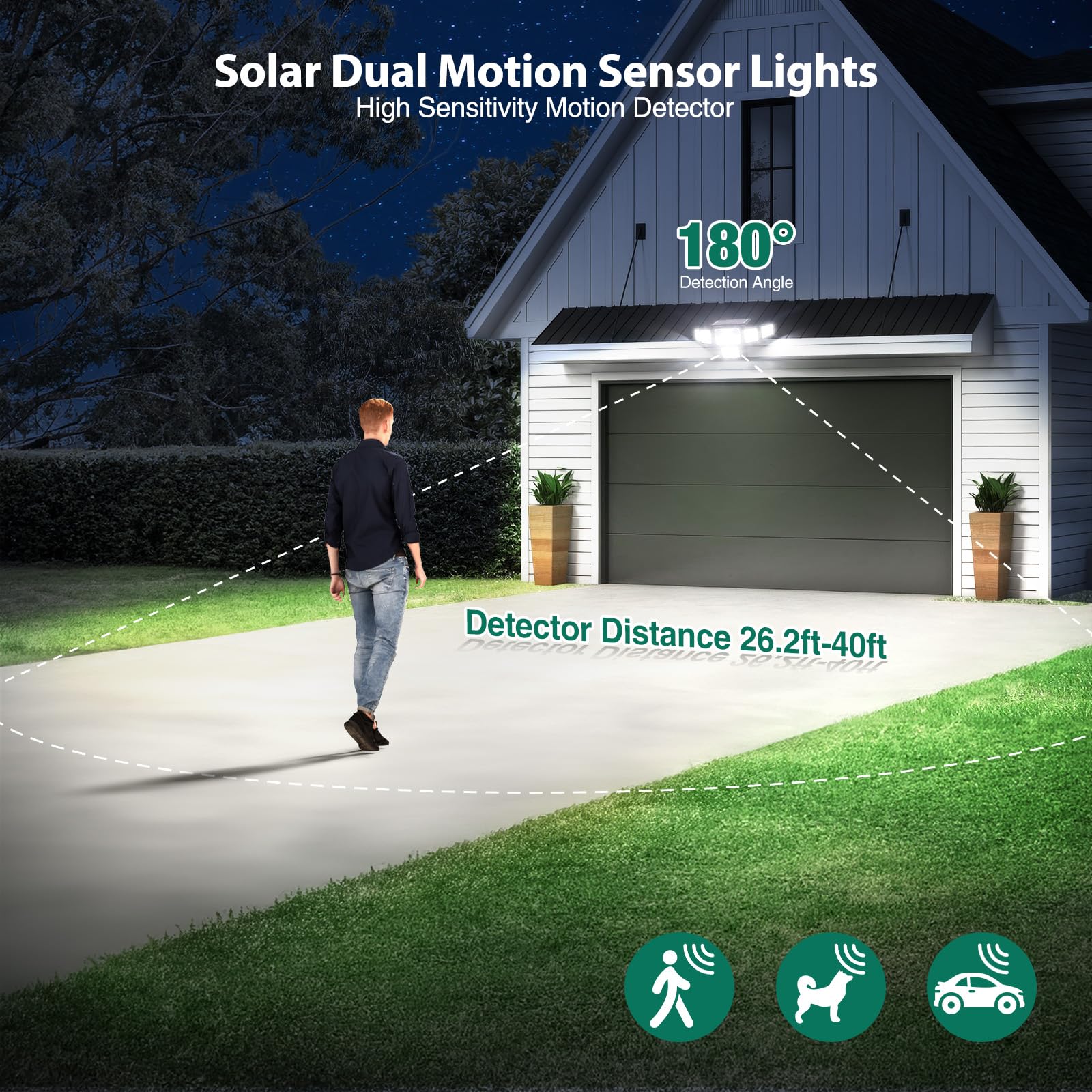 Luces solares con sensor de movimiento dual para exteriores, 3000 lm, 6 cabezales ajustables, luces solares de pared de seguridad, IP65 impermeable y control remoto para graden, exterior, patio