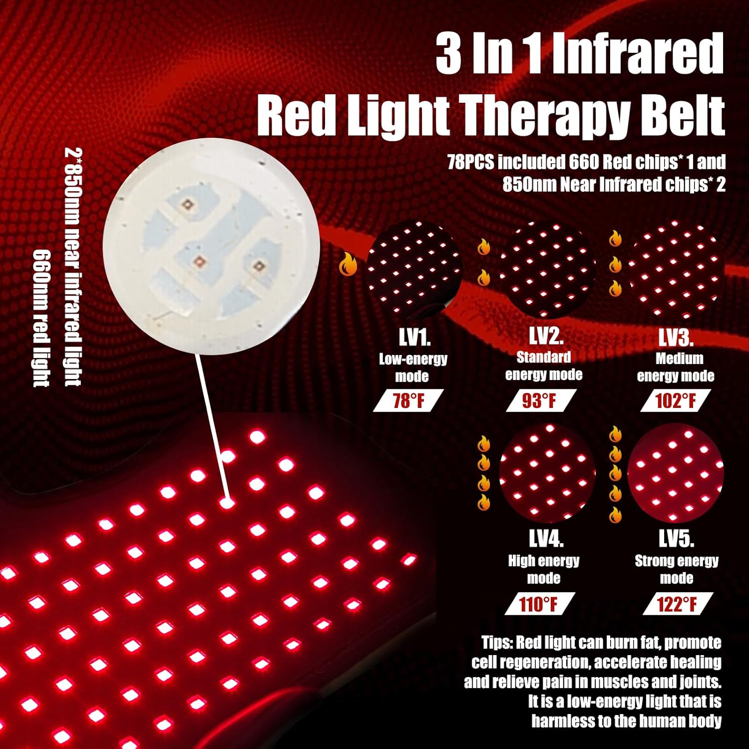 Wearable Red Light Therapy Wrap for Body Pain Relief - 3-in-1 660nm Red & 850nm Near-Infrared LED Pad with Heat for Muscle Repair, Feet, Knee, Ankle, Foot, Hands, & More Body Areas - Image 2