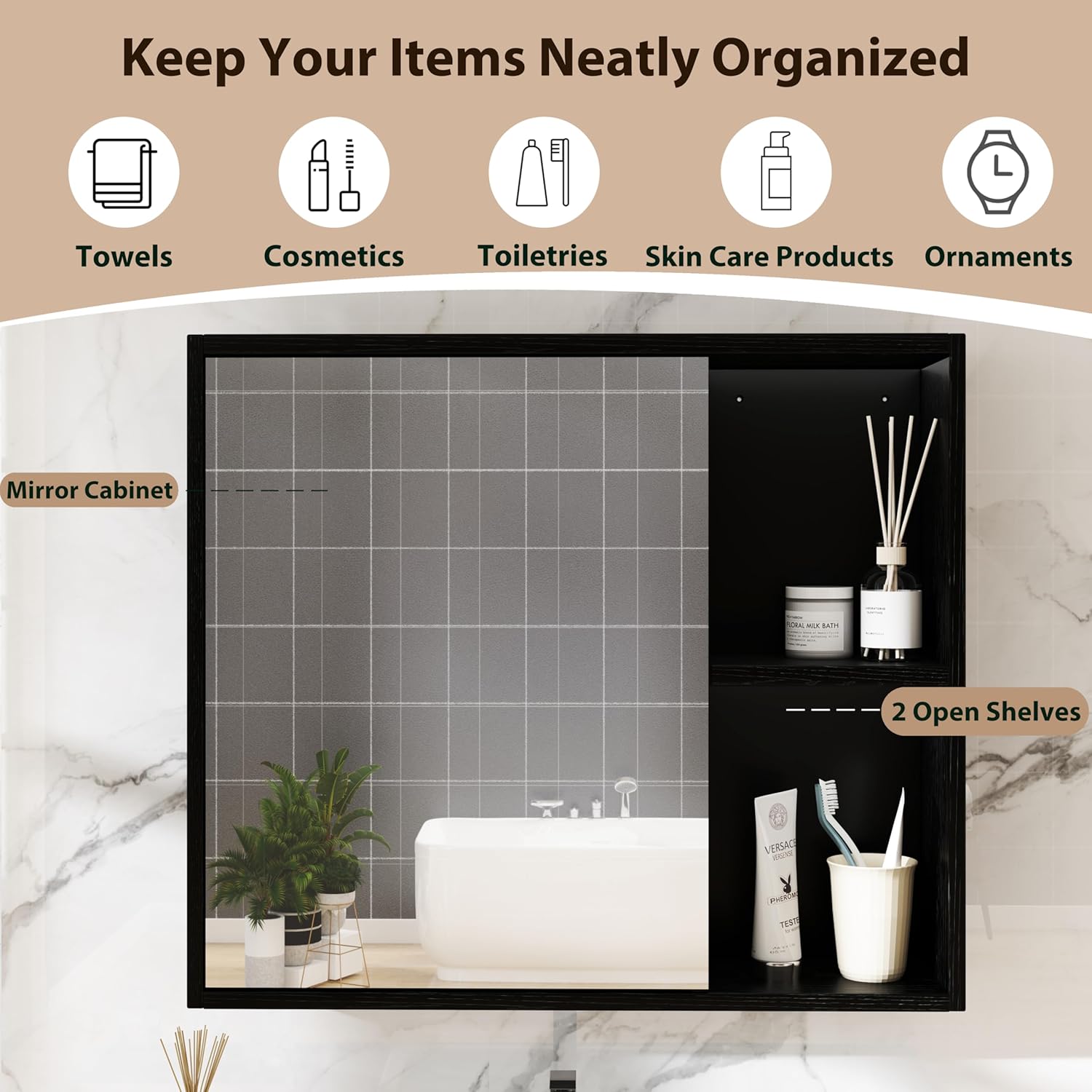 Moccha Medicine Cabinet, Bathroom Mirror with Storage, Single Mirror Door, 2 Adjustable Shelves, 2 Open Shelves, Over The Toilet Space Saver, Bathroom Wall Cabinet for Laundry Room Entryway (Black)