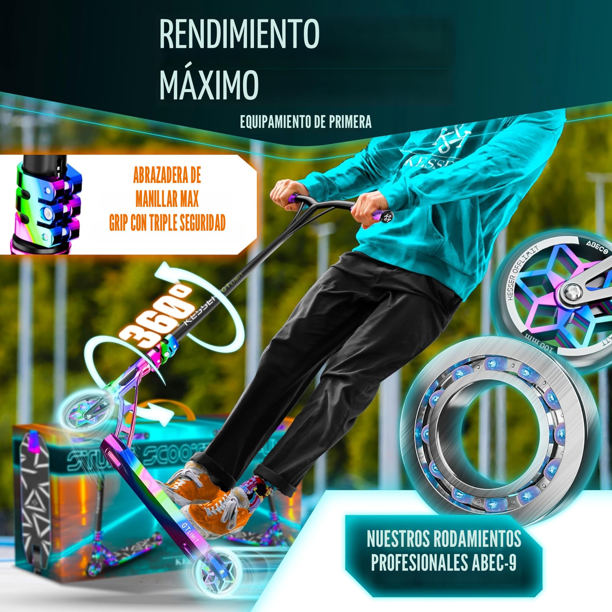 KESSER® Patinete acrobático GT-Limit, Patinete Divertido con dirección de 360Ḟ, Patinete acrobático con Soporte, rodamientos de Bolas ABEC 9, Ruedas de PU de 110 mm, Patinete Scooter
