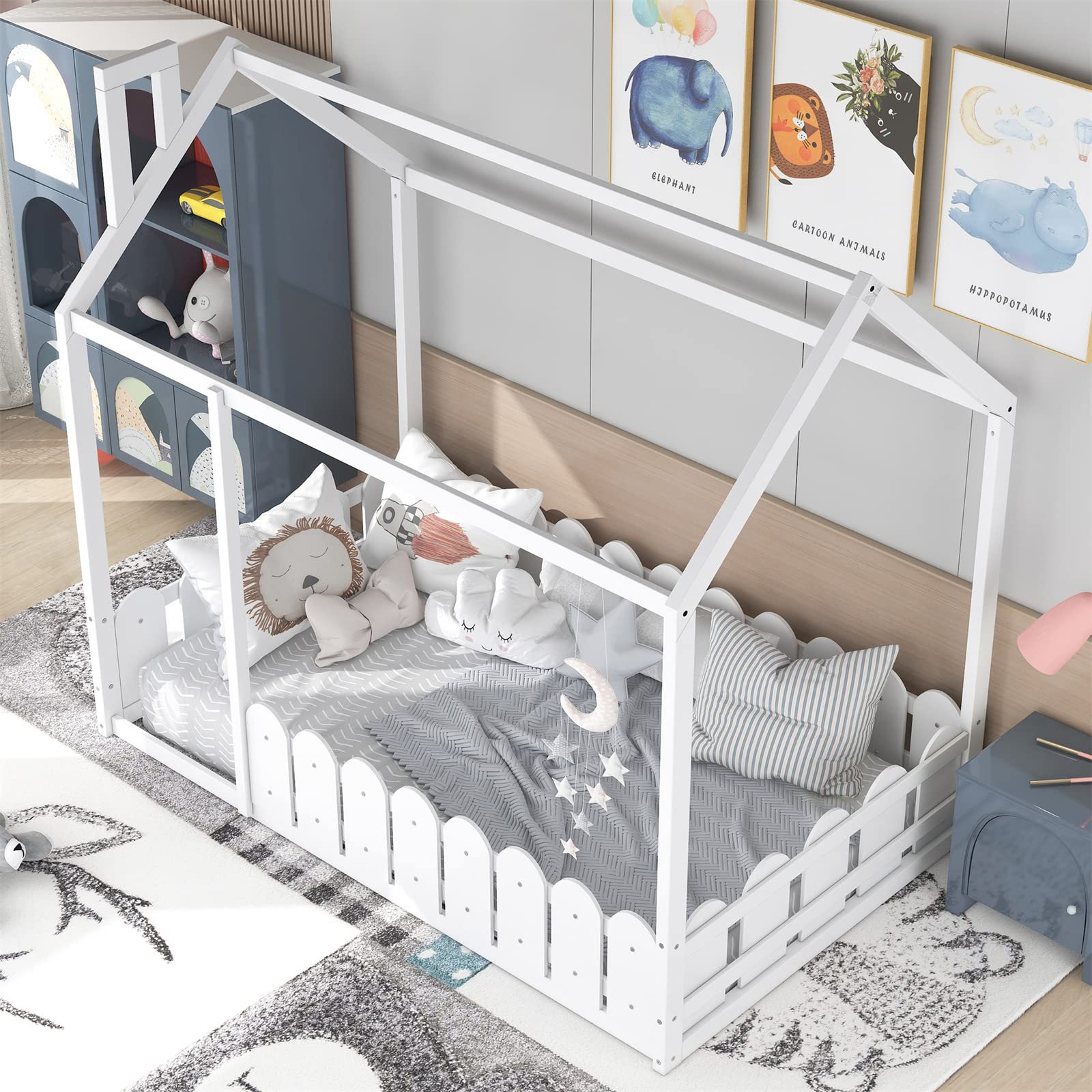 i-POOK Twin House Bed Frame with Fence, White Montessori Wood Floor Bed, Bed Size:78.7