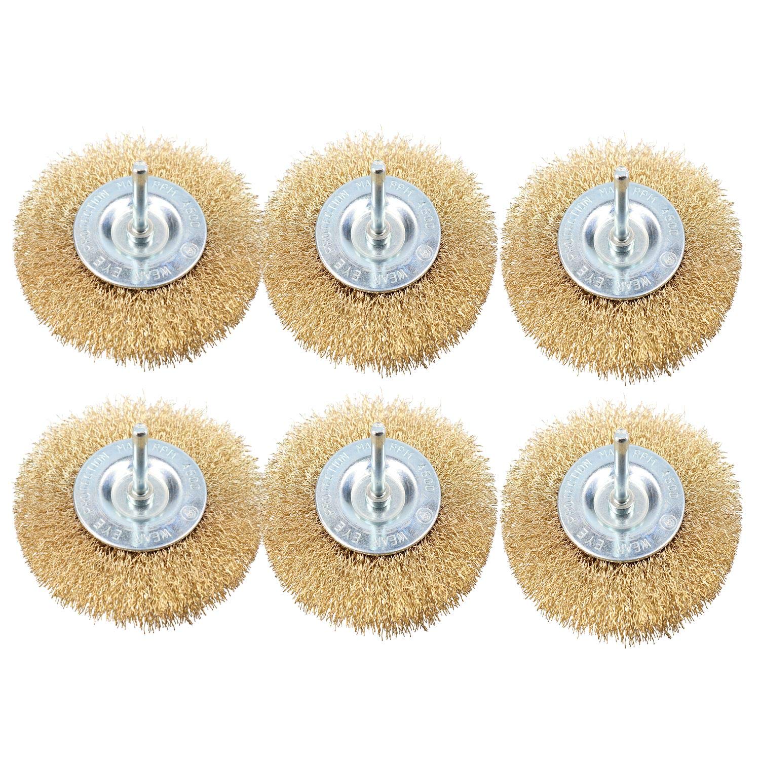 6 x 100mm Wide Flat Steel Wire Brush for Drills Brass Coated Rust Paint Remover