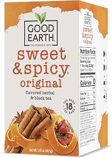 Good Earth Sweet & Spicy Herbal Black Tea Bags, 18 Count Pack of 6 - Bold Cinnamon Orange Blend with Ginger & Peppermint