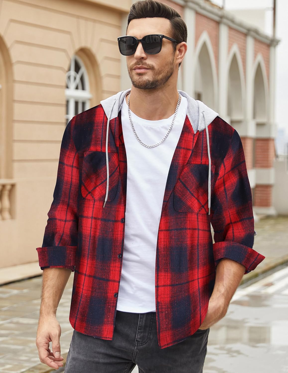 COOFANDY Men's Flannel Hoodie Plaid Shirt Long Sleeve Button Down Casual Shirt Jacket Lightweight Fall Shacket - Image 3