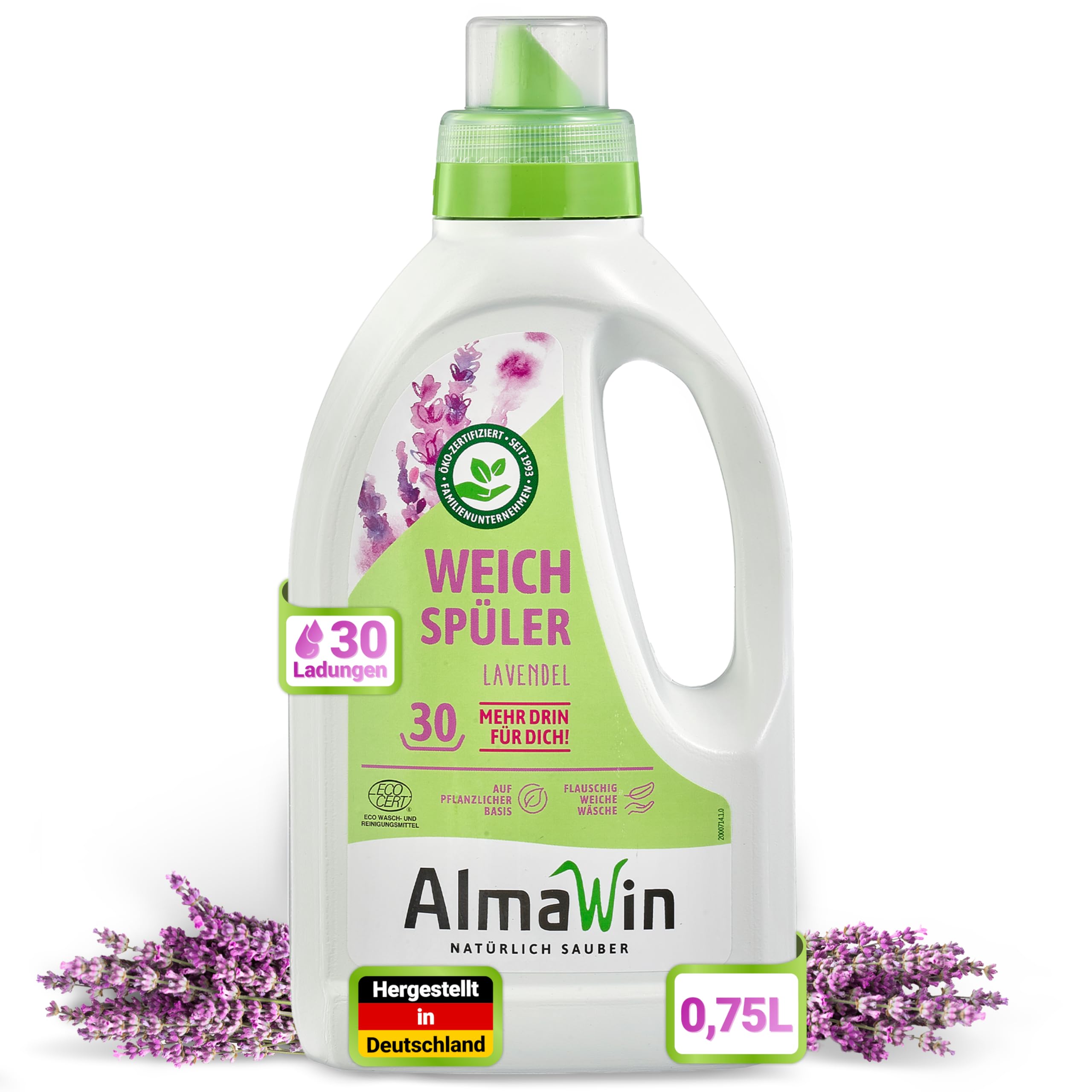 AlmaWin Ekologiczny płyn do płukania, lawendowy, 750 ml, 30 prań, zapach z Prowansji z olejków eterycznych, wegański