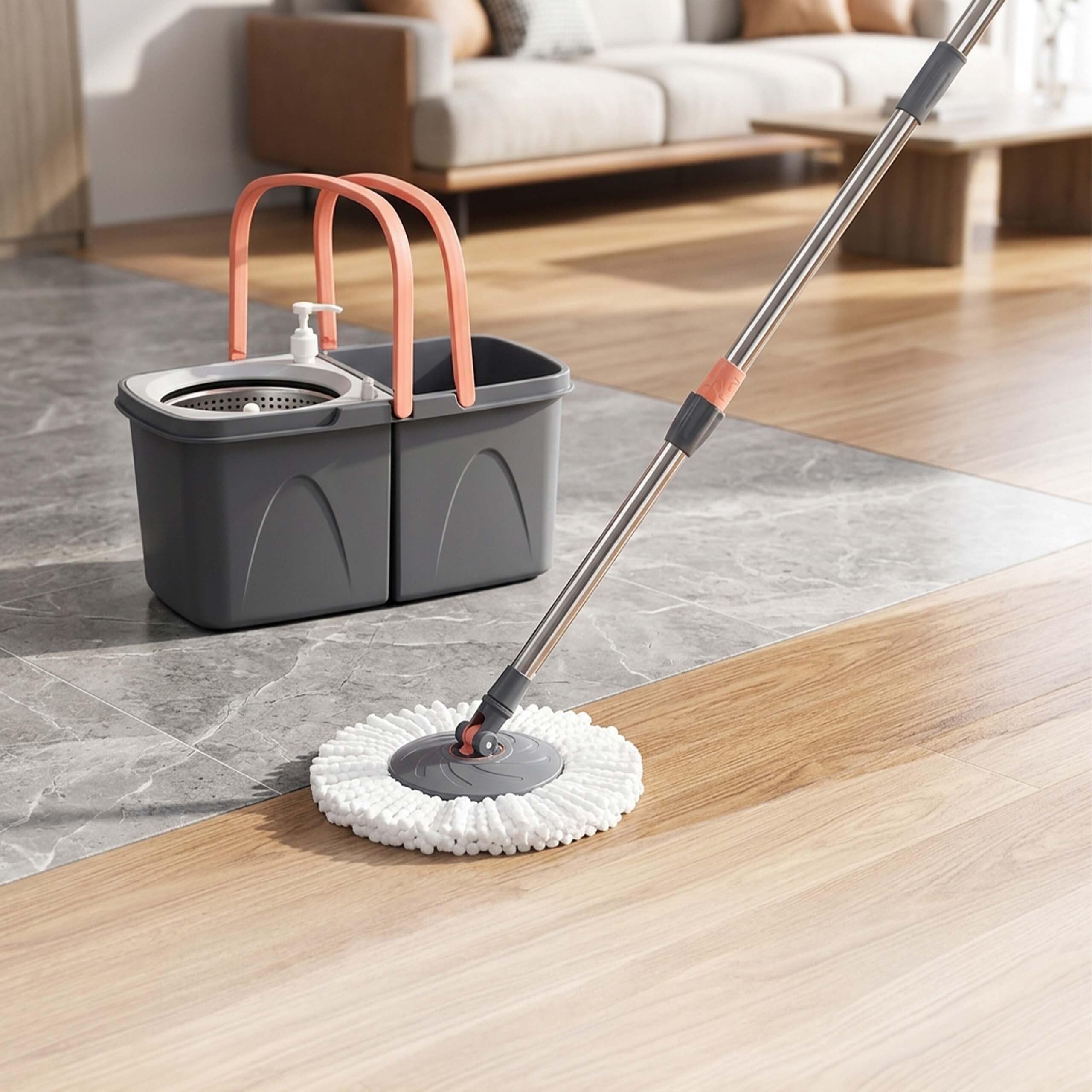 Relaxdays mocio, secchio 14L con strizzatore, impilabile, grigio | HBT 25,5x26x48,5 cm, 2 teste triangolari in microfibra