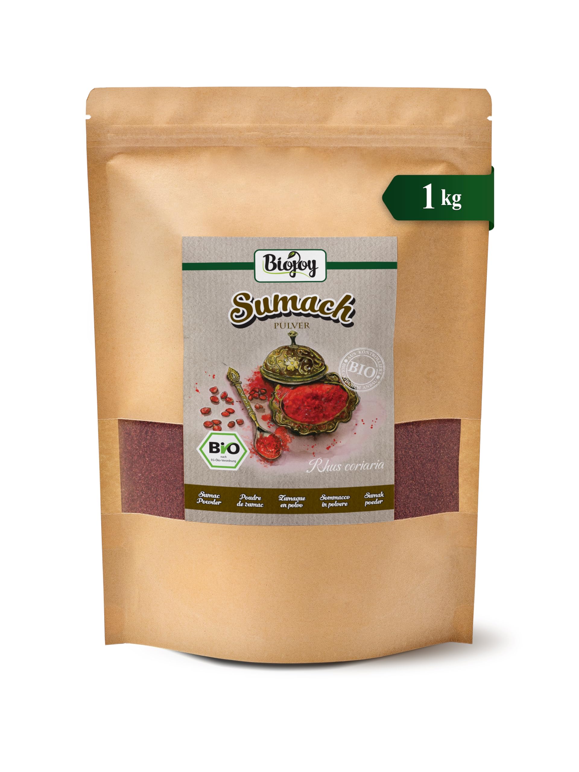 Biojoy Sumac BIO turc, finement moulu, avec 5% de sel gemme, 1 kg | Assaisonnement au sumac non traité, Rhus coriaria L.