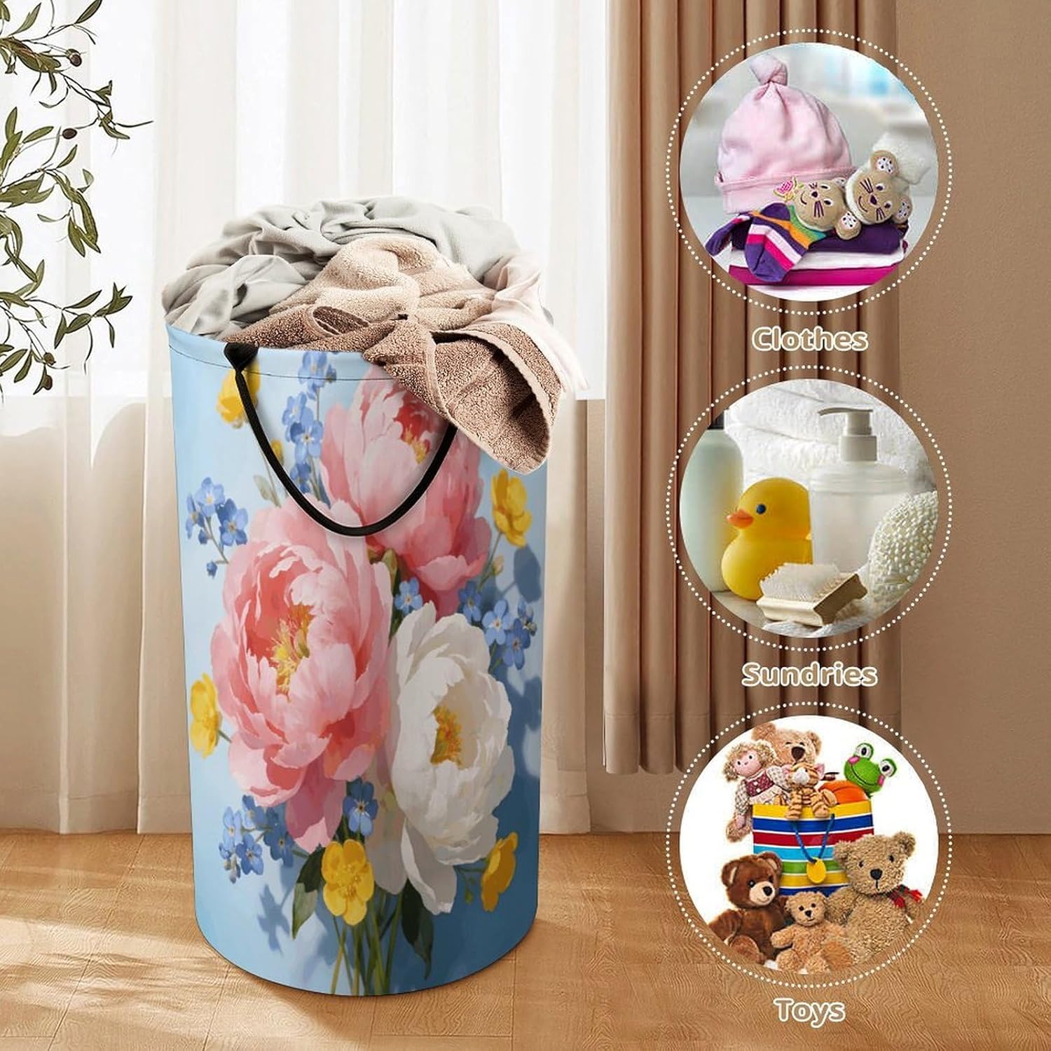 Floral Cute Flower Aesthetic Laundry Hamper 86L Waterproof Collapsible Clothes Basket with Double Handles Freestanding Foldable Laundry Basket Large Clothes Hamper for Bathroom