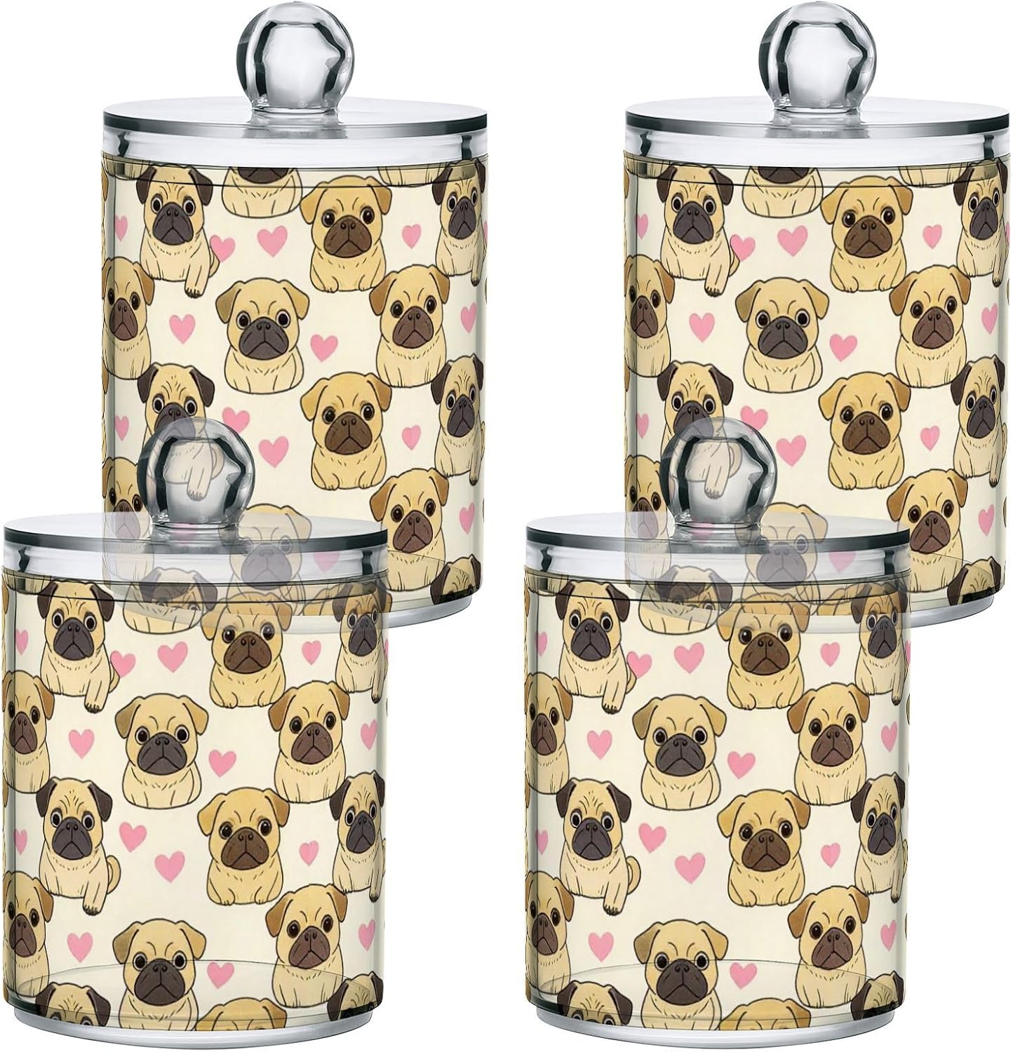 Funny Pug Dog Pattern Clear Plastic Candy Organizer Storage with lid Bathroom Essentials Decorative small storage bins 4 Pack