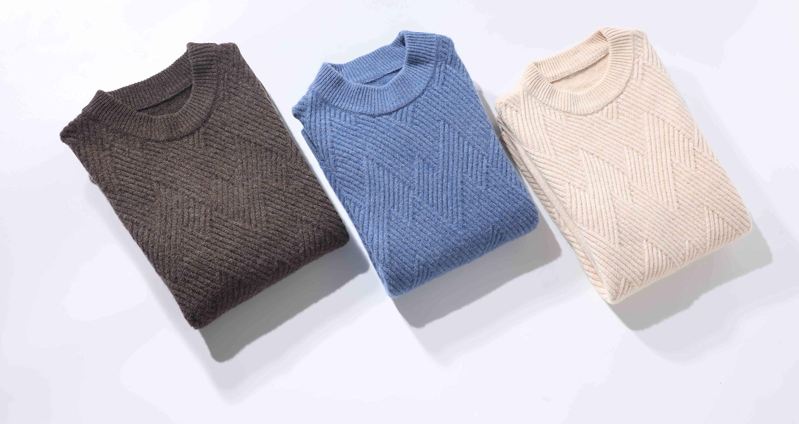 Jersey 100% Merino para Hombre Suéter de Punto Trenzado con Cuello Redondo y Manga Larga Casual Lana de Invierno