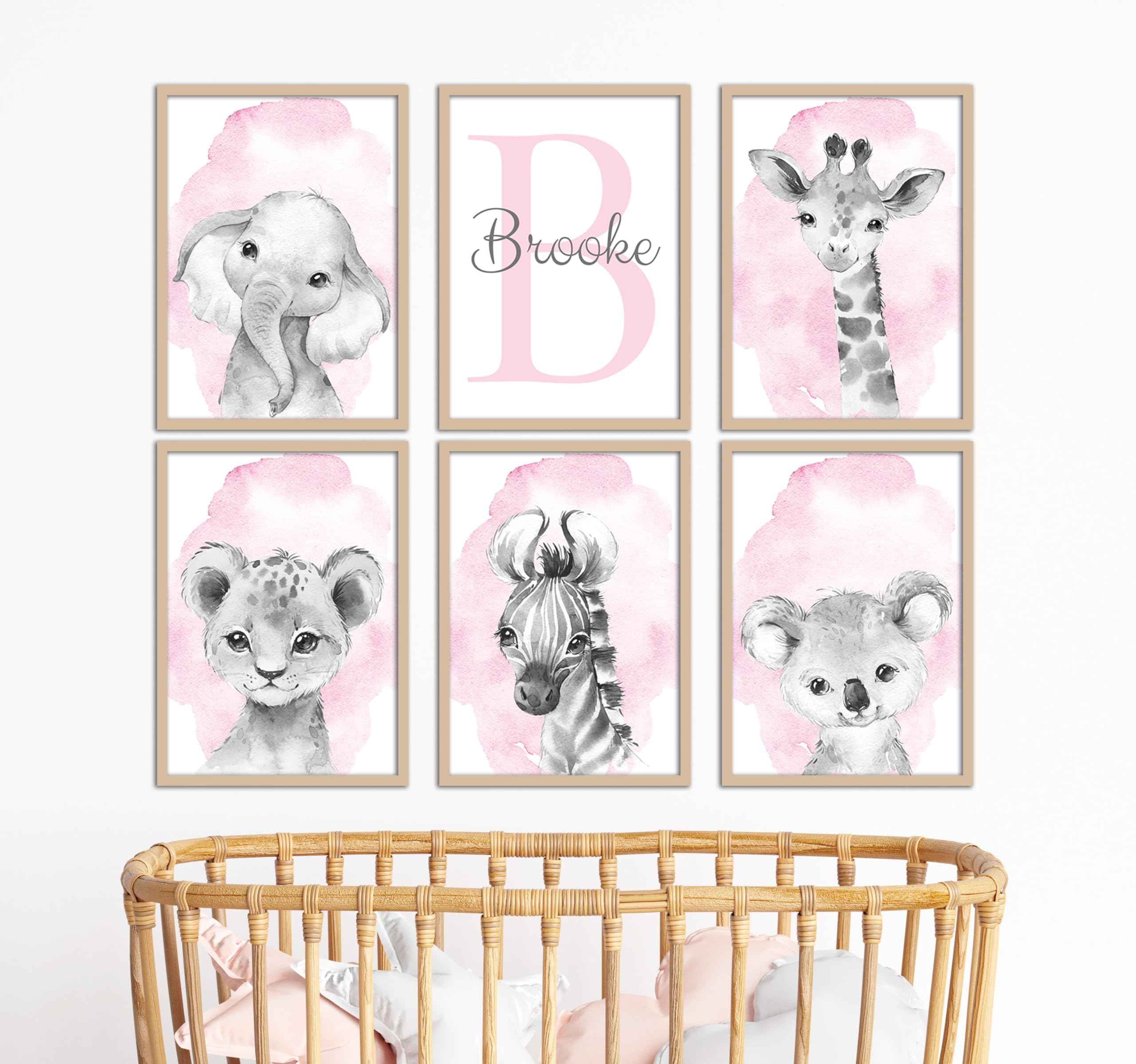 Eviepops Prints Safari Animals Girls Nursery Bedroom Unframed Set of 6 Poster Prints, Personalised Name Pink or Purple Splash Wall Art Decor New Baby, Choice of 12 Animals, Elephant Giraffe Lion (A4)