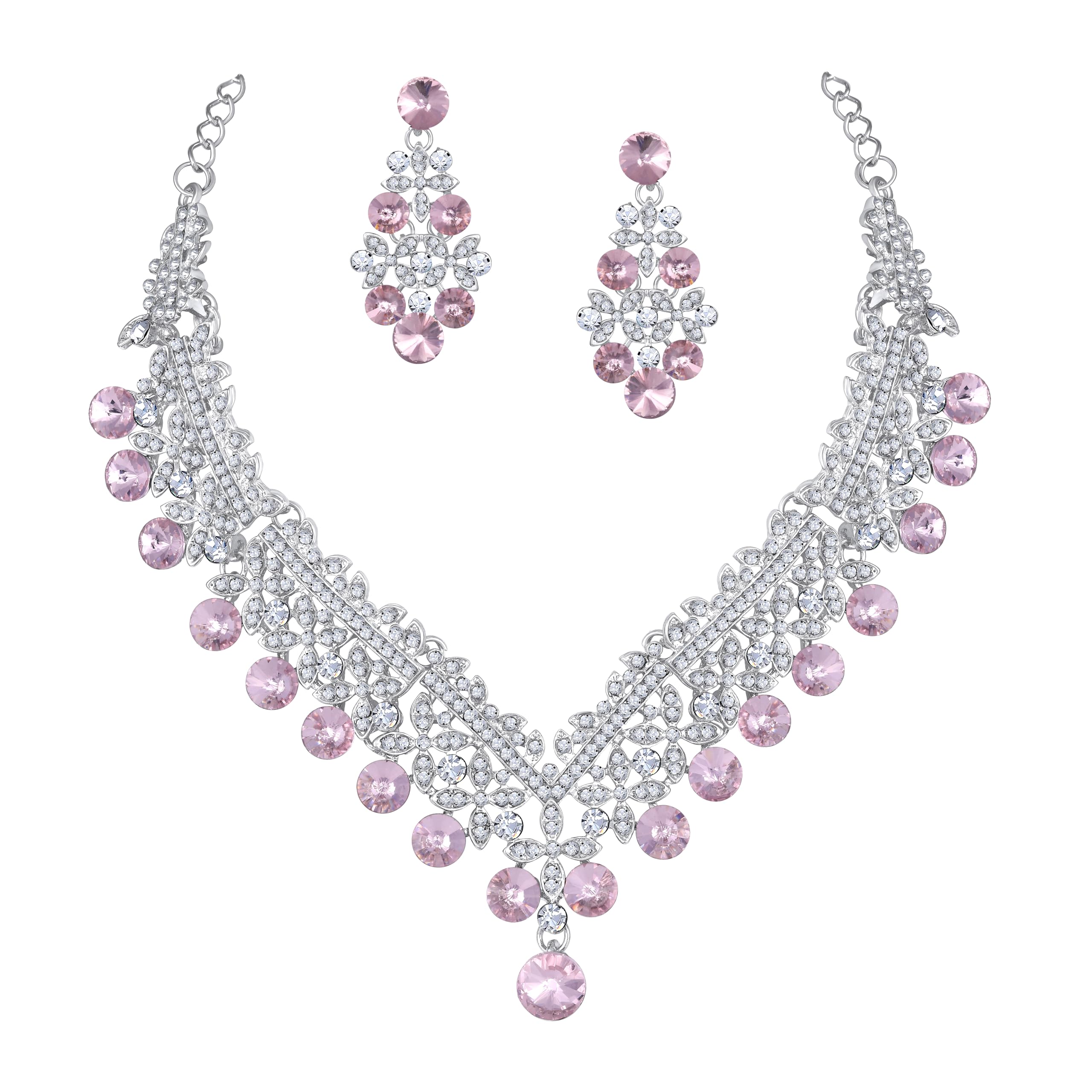 Silver Plated Crystal Necklace and Earrings Set for Women & Girls | Sparkling Rhinestone Fashion Jewellery Set for Party, Wedding, Engagement, Festive & Special Occasions-image-25
