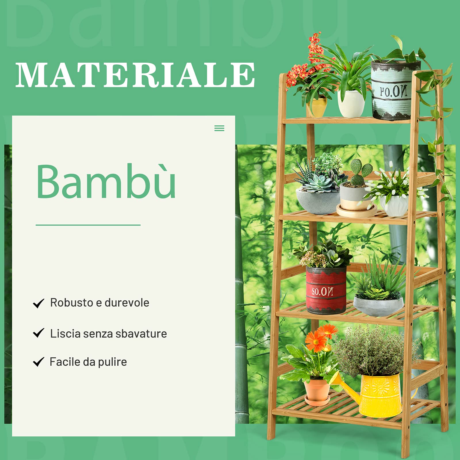 COSTWAY Scaffale per Piante in Bambù a 4 Ripiani, Scaffale Porta Vasi da Interno ed Esterno, Scaffale Portafiori per Balcone, Giardino e Cortile, 48 x 32 x 115 cm (Naturale)