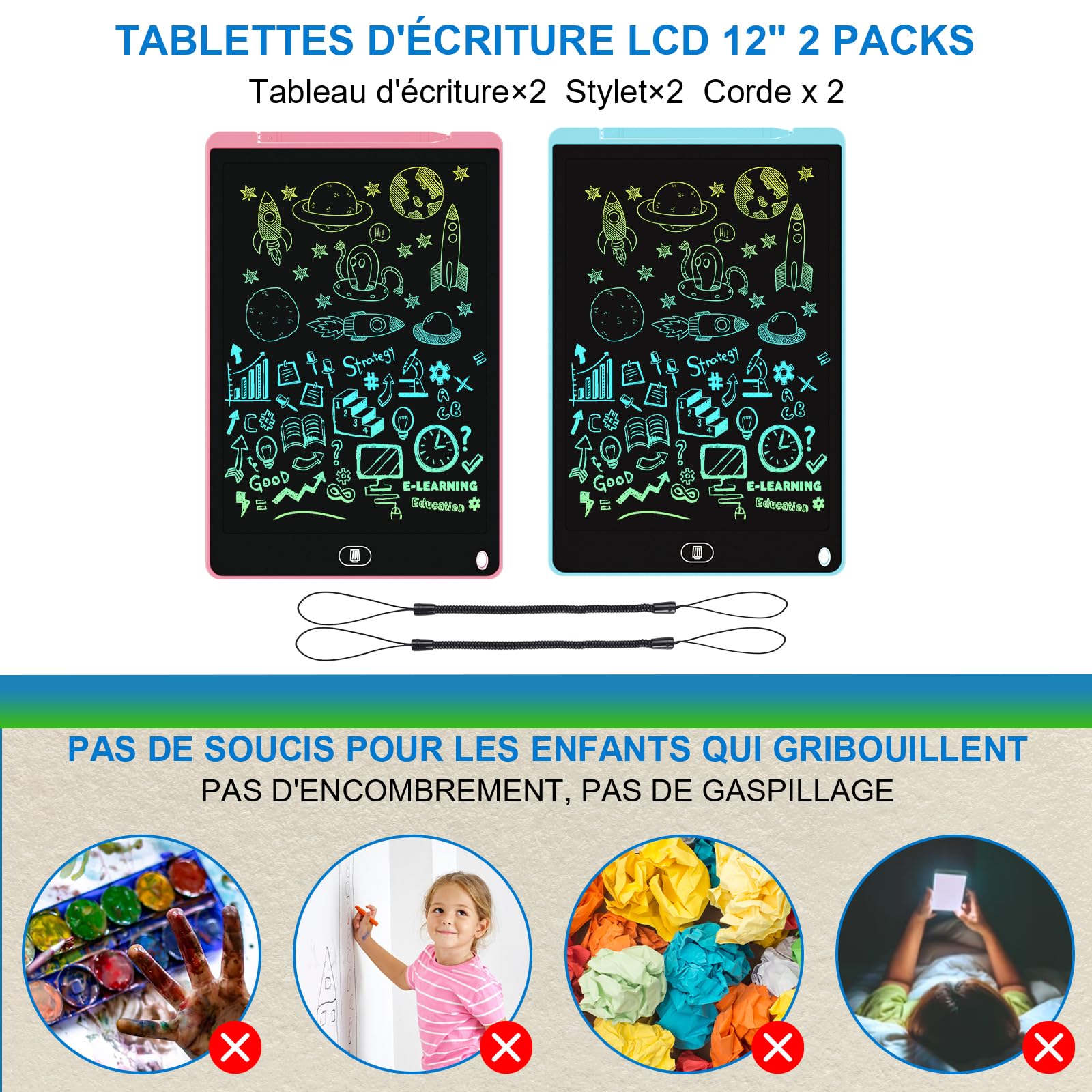 Electight Tablette Dessin Enfants 12 Pouces LCD Colorée avec Bouton Effacement Verrouillage Bleu Rose Violet