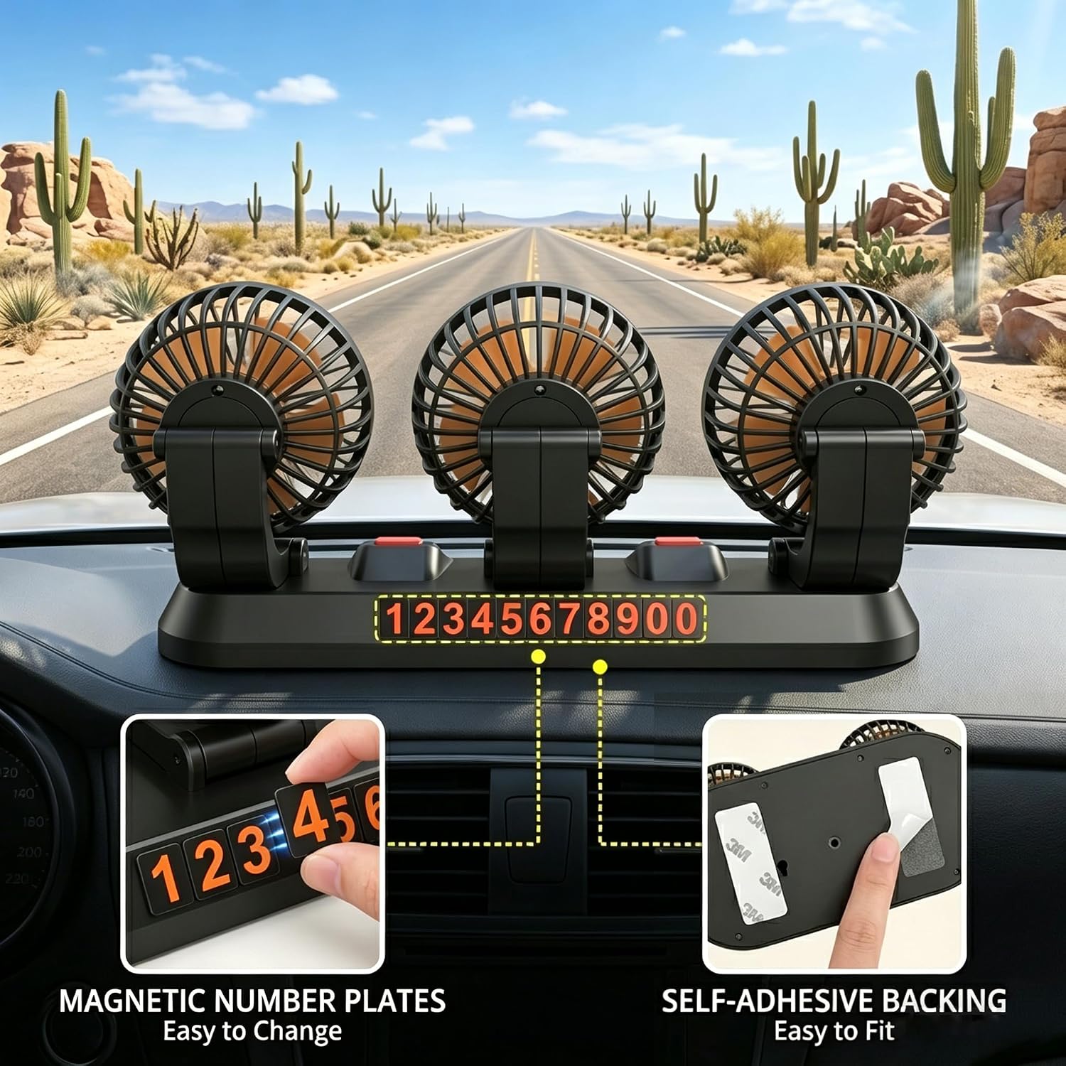 12V Adjustable 3-Head Car Cooling Fan, 360° Rotation Dashboard Fan with 2 Speeds, Portable Tree-Style Turbo Cooler for SUV/RV/Truck/Van/Diesel Engine, Powered by Cigarette Lighter