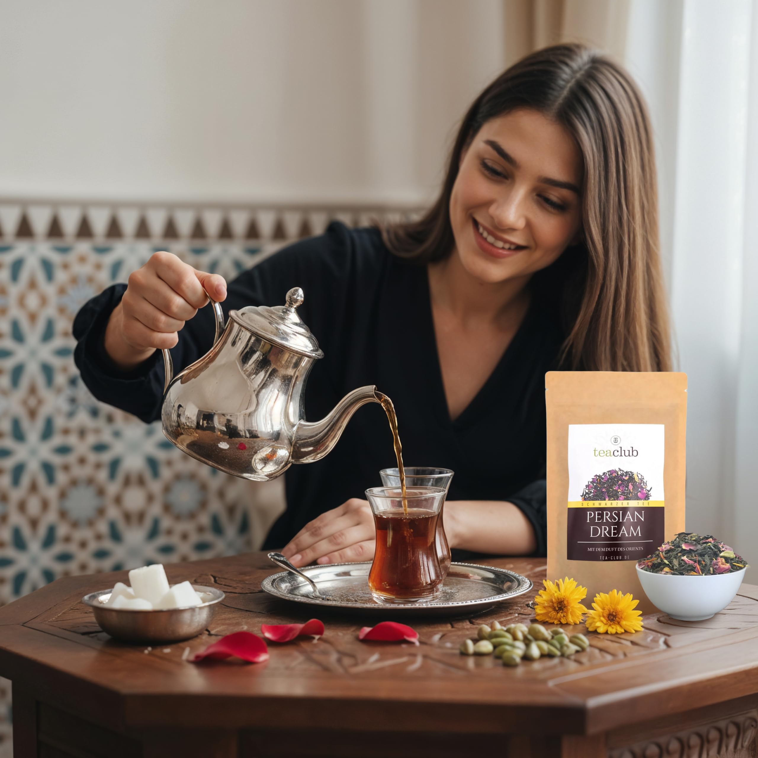Persian Dream Té Negro Suelto 100g, mezcla de té negro persa con cardamomo pétalos de rosa flores de cártamo, TeaClub Té Negro