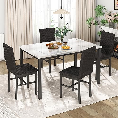 Miniatura 2 de Recaceik Juego de mesa de comedor para 4, juego moderno de 5 piezas con mesa de cocina de mármol sintético y 4 sillas tapizadas en terciopelo, juego