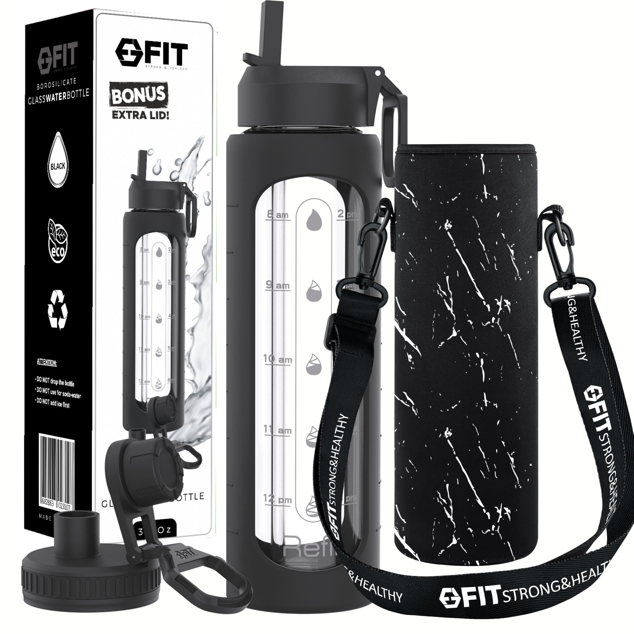 900 ml Glas-Wasserflasche mit Zeitmarkierung und Träger – extra Deckel, wiederverwendbar, breite Öffnung, Wasserflasche mit feuchtigkeitsspendender Erinnerung, 1 Liter Glas-Trinkflasche (schwarze
