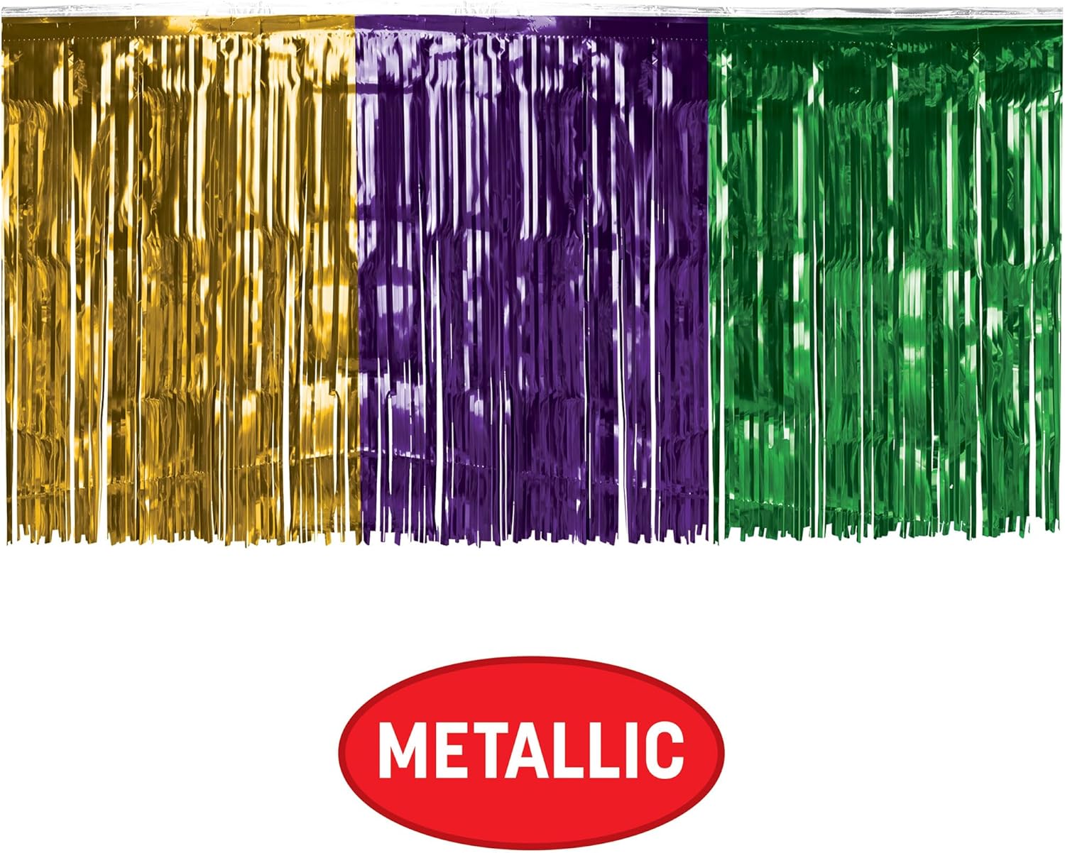 Beistle Mardi Gras Metallic Table Skirt – Gold, Green & Purple 1-Ply Fringe Skirting, Shiny Foil Table Cover Decoration for Carnival Events, Parade Themes & Festive Party Displays, 30" x 14'