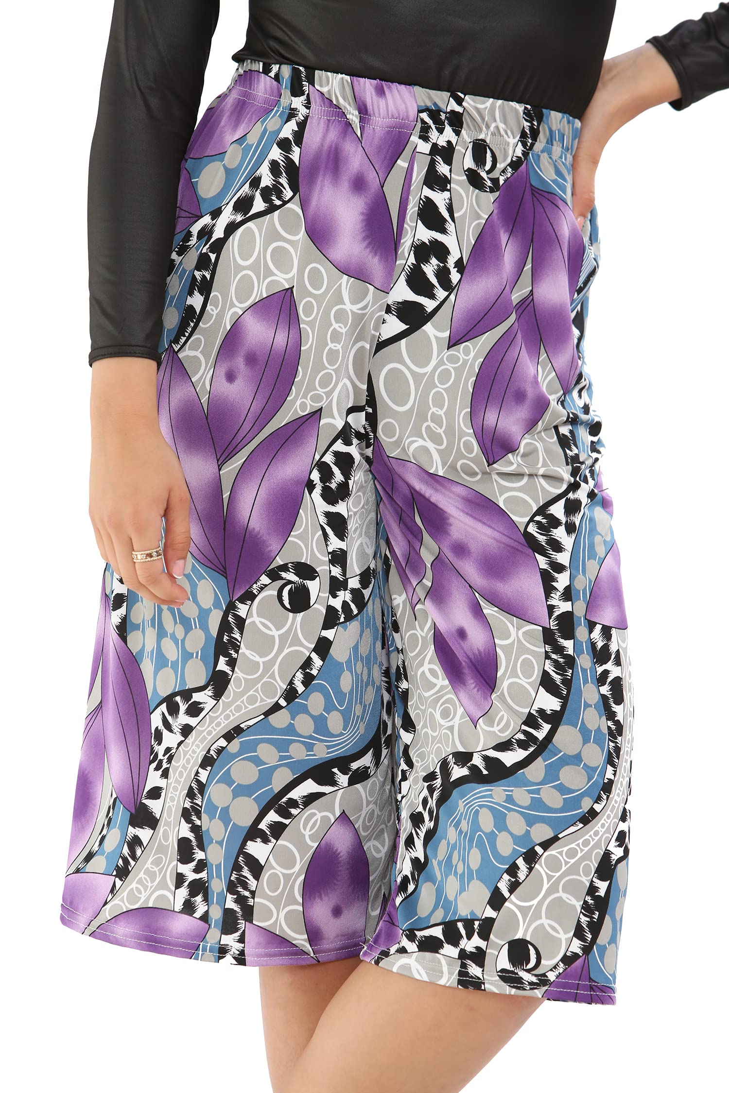 Purple Hanger Women's Glade Floral Purple Plus Size Cropped Plain Elasticated Waist Stretch Mini Culottes Shorts (As8, Numeric, Numeric_16, Numeric_18, Regular, Regular, )