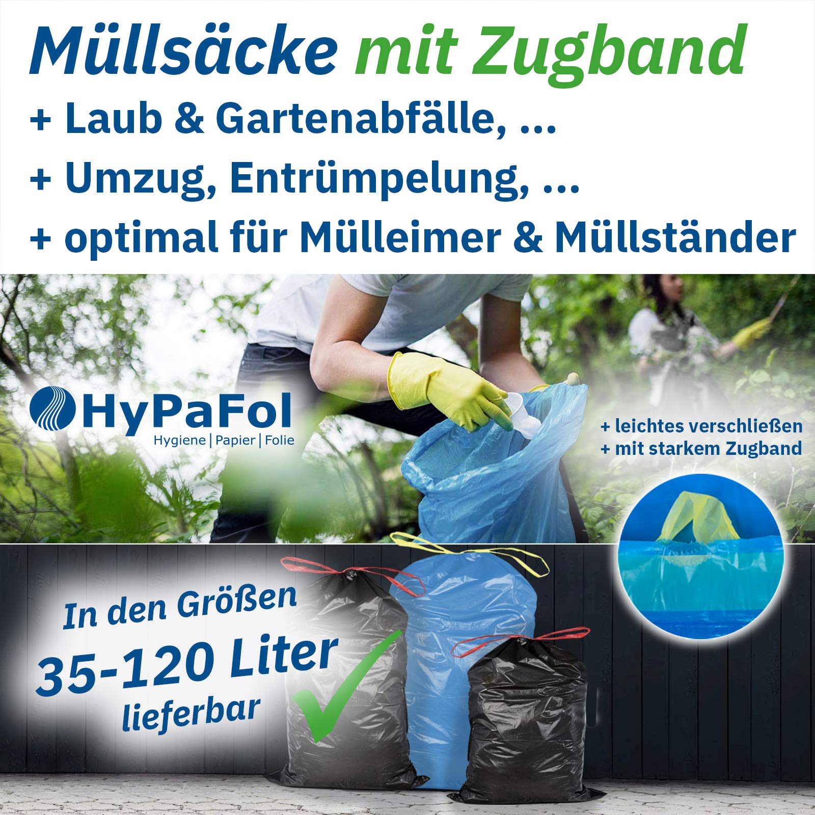 Hypafol Müllbeutel Typ 60 mit Zugband 120l – 250 blaue Schwerlastsäcke | 250 schwarze 120l Schwerlast-Müllbeutel mit Zugband. Stabil, reißfest – ideal für Haushalt, Garten & Industrie
