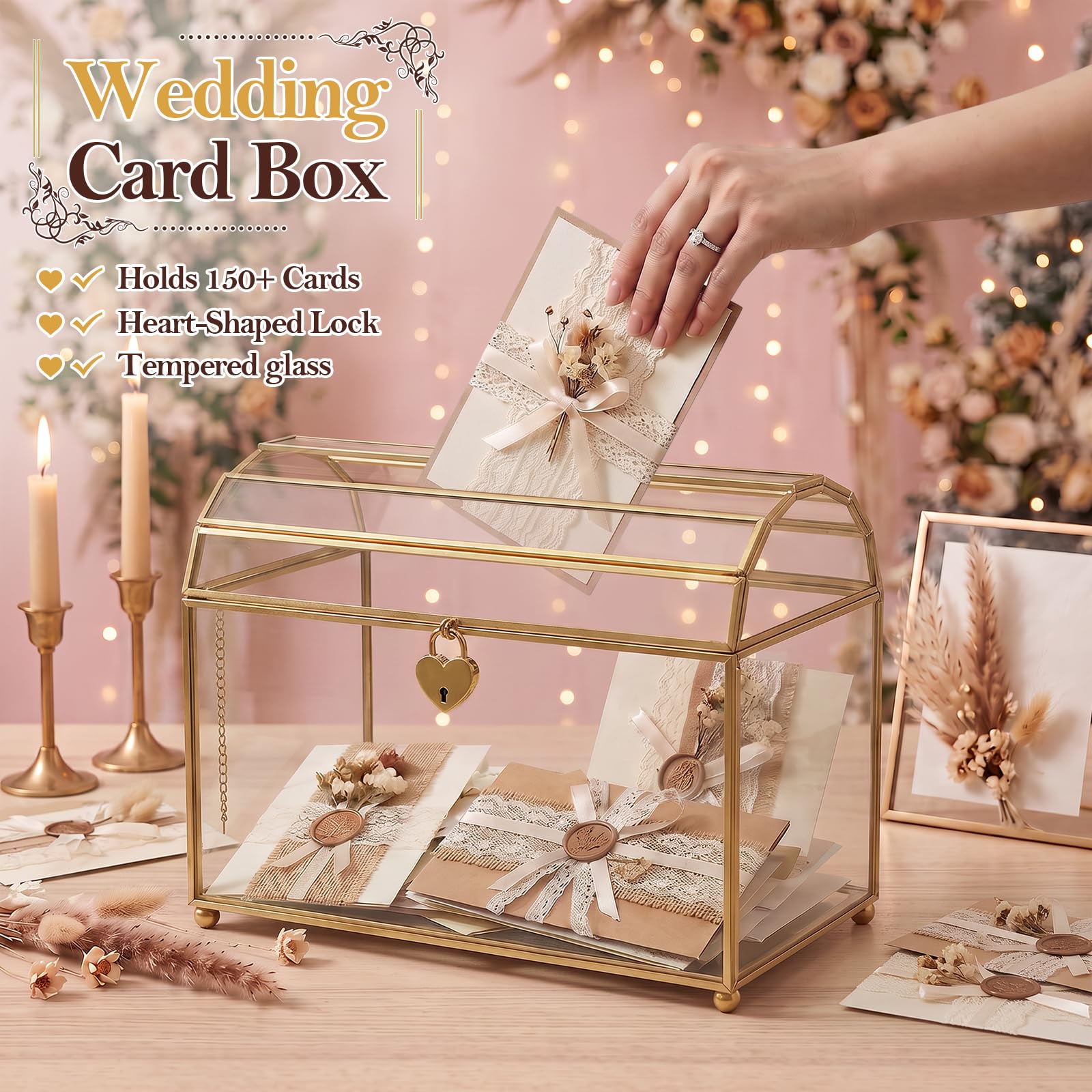 Hochzeitskarten-Box aus Glas mit Herzschloss und Einwurfschlitz | Transparenter Kartenhalter, Abschließbar mit Herzschloss, ideal für Hochzeitsempfang, Geldgeschenke und Karten