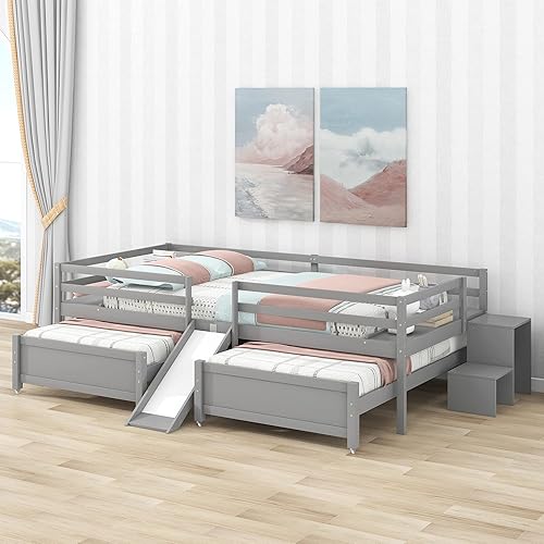 Miniatura 4 de Hlcodca Delicada cama matrimonial sobre cama individual y individual con tobogán integrado pequeña escalera de almacenamiento y barandilla de