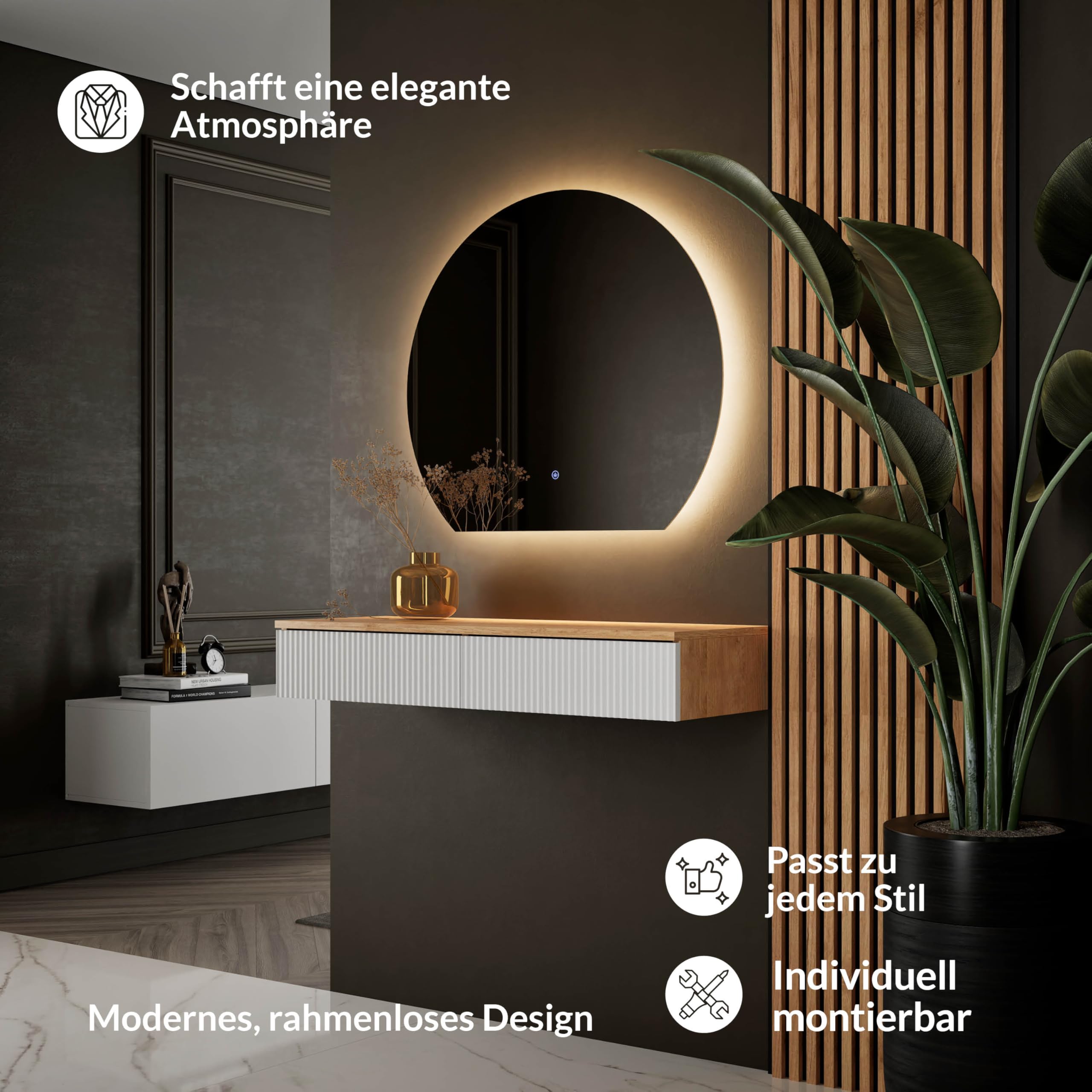 Planetmöbel Set di Guardaroba per Ingresso con Consolle 100 cm incluso Specchio con Illuminazione Semicircolare, Consolle da Parete 100 x 16 x 35 cm (Rovere Dorato/Bianco), Specchio da Parete Aube 80
