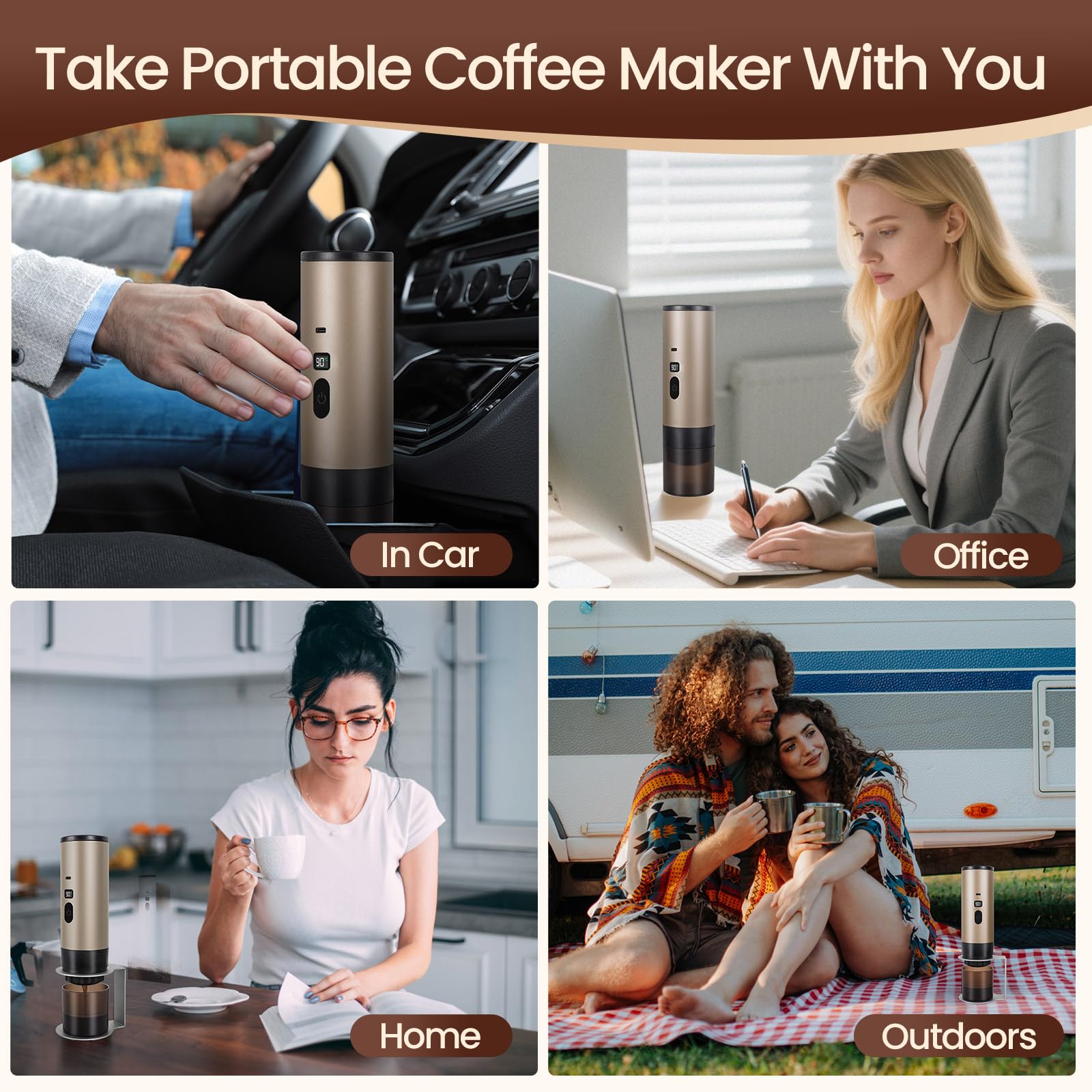 LAMA Máquina de café portátil, máquina de café espresso eléctrica con puerta de café mini máquina de cápsulas, compatible con cápsulas café molido, calentador instantáneo, para camping viajes, champán
