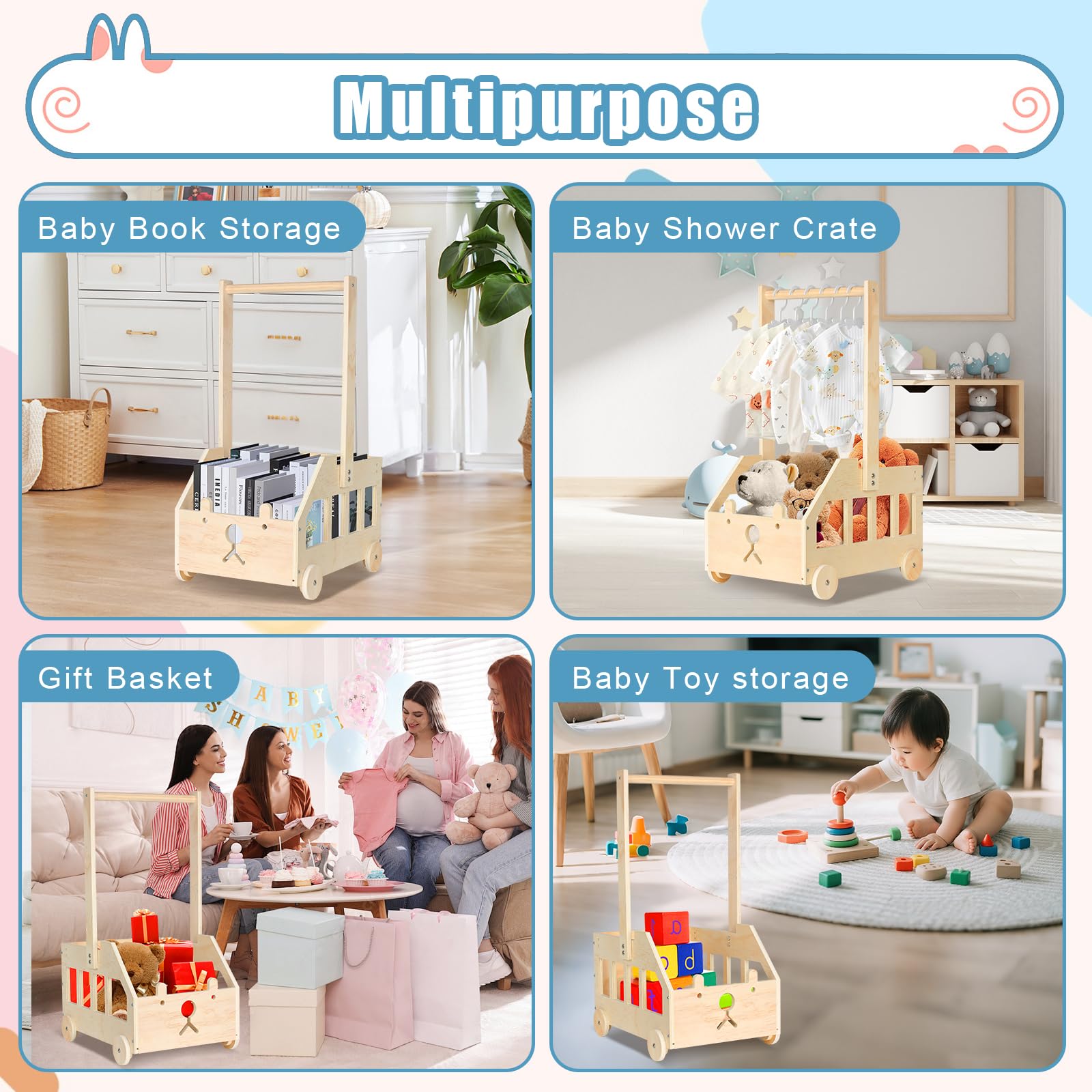 Umtiti Wooden Baby Gift Basket with Wheels and Handle, Pushable Baby Shower Crate Wardrobe - Image 4