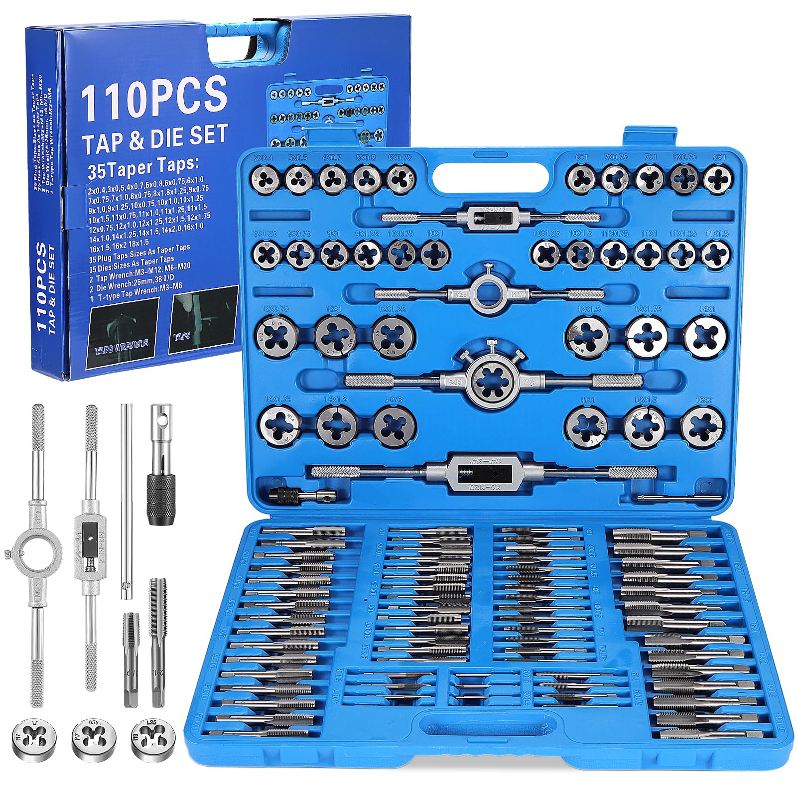 Gueenky 110 Pieces Tap and Die Set, M2-M18 Metric Tapping and Threading Tool Bearing Steel Tap and Die Set with Ratchet Tap Wrench Screw Thread Gauge for Cutting External Internal Thread — image 1