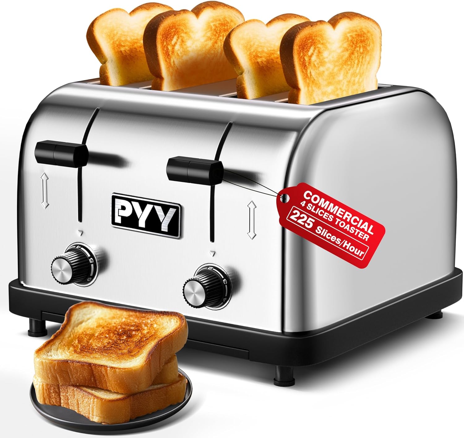 PYY Toaster Commercial 4 Slices- 225 Slices/Hour 1800W Pop Up Wide Slots 1.57 inch Stainless Steel 6-Level Setting