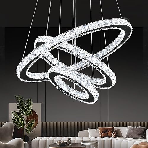 Buccleuch Moderna araña de cristal, lámpara colgante LED regulable de 3 anillos, lámpara de techo ajustable de acero inoxidable, lámpara de araña de