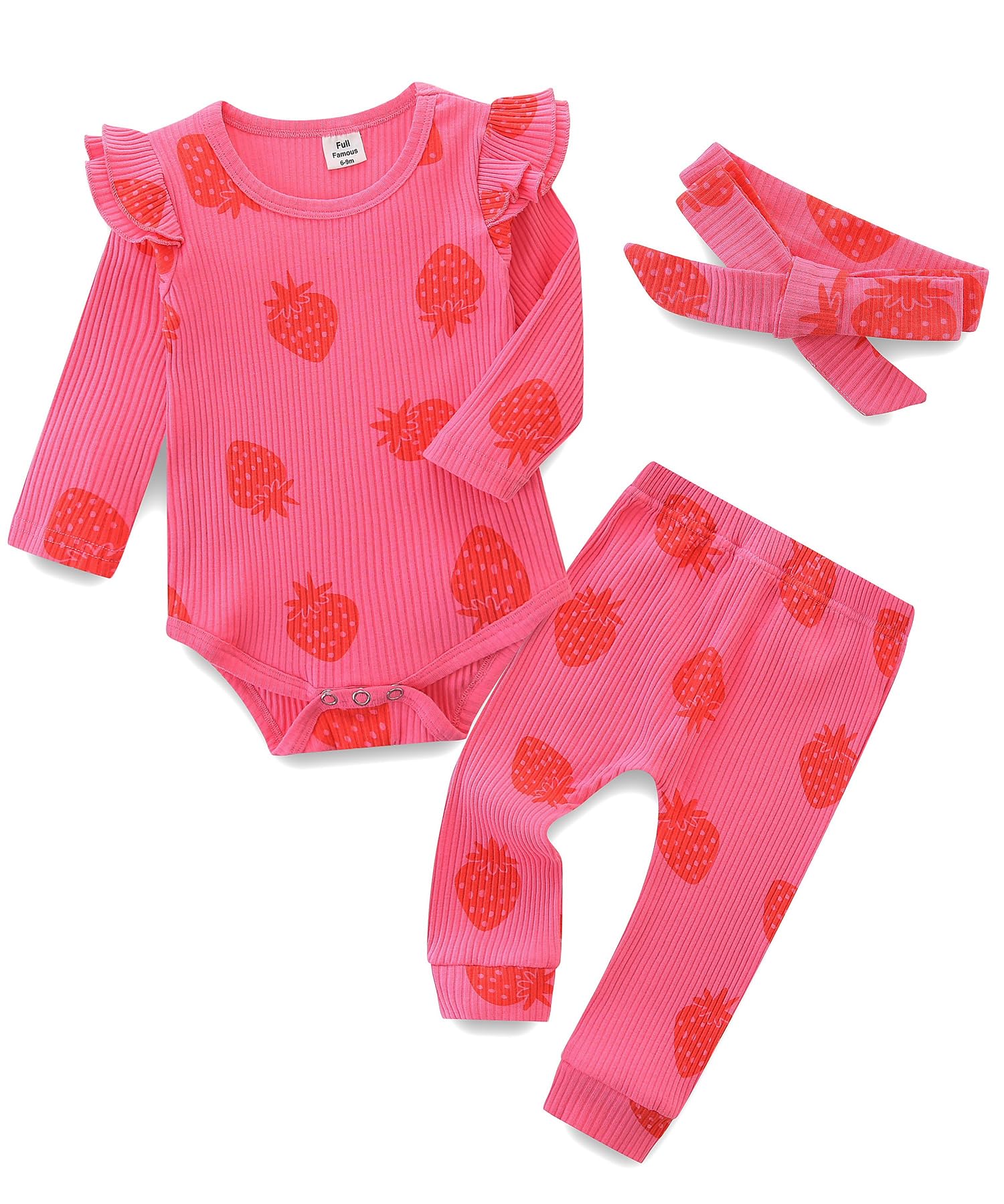 Fullfamous Baby Girl's 3pc Rib Frill Long Sleeve Romper and Pant Set